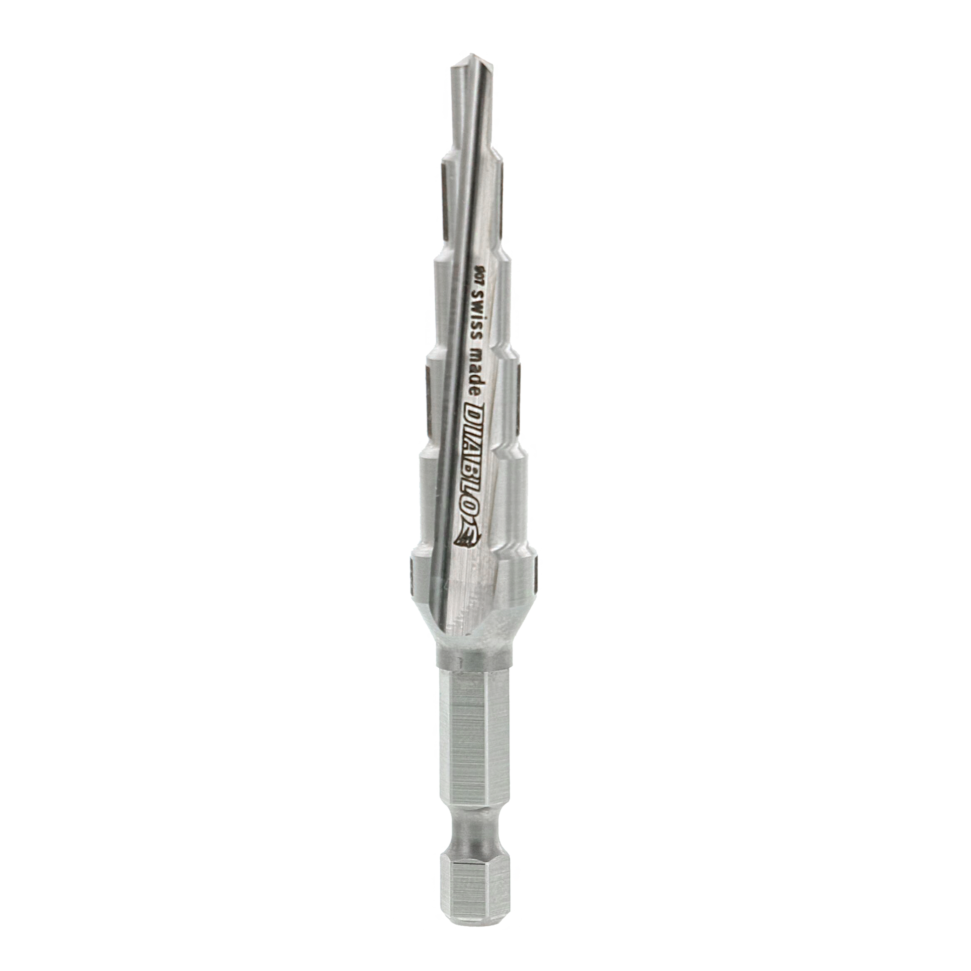 Silver Diablo step drill bit with six progressively larger cutting stages and hexagonal shank, displayed vertically.
