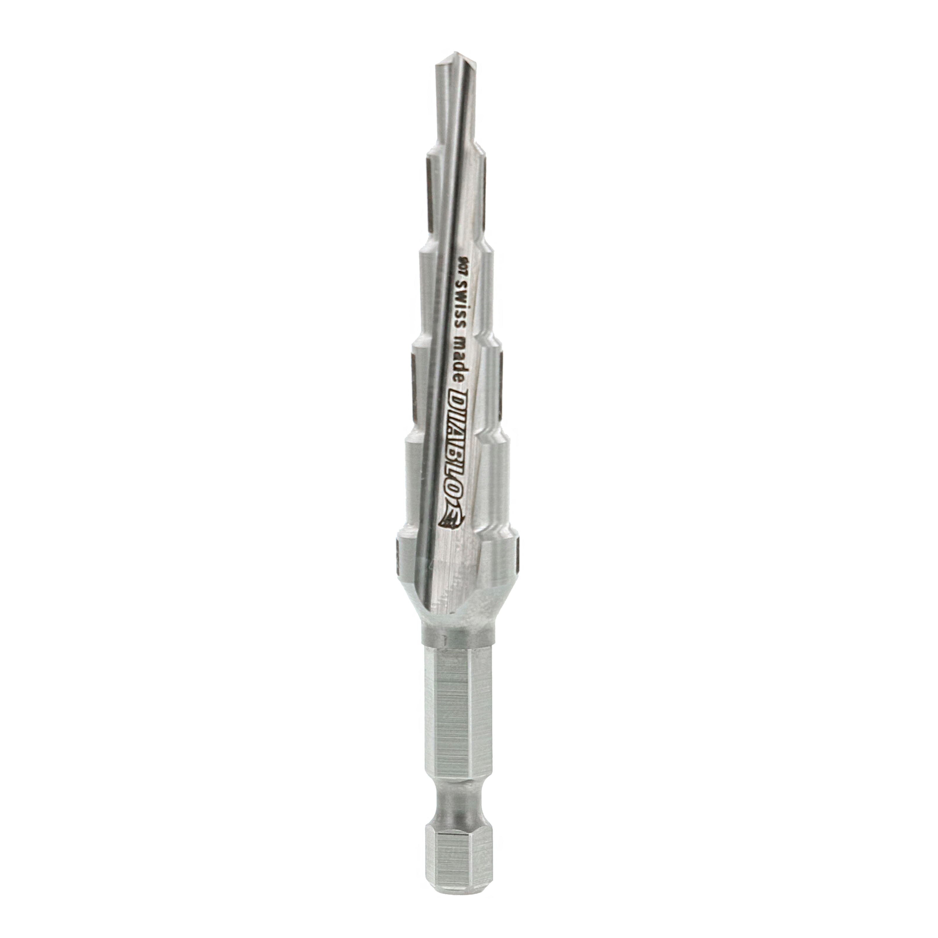 Silver Diablo step drill bit with six progressively larger cutting stages and hexagonal shank, displayed vertically.