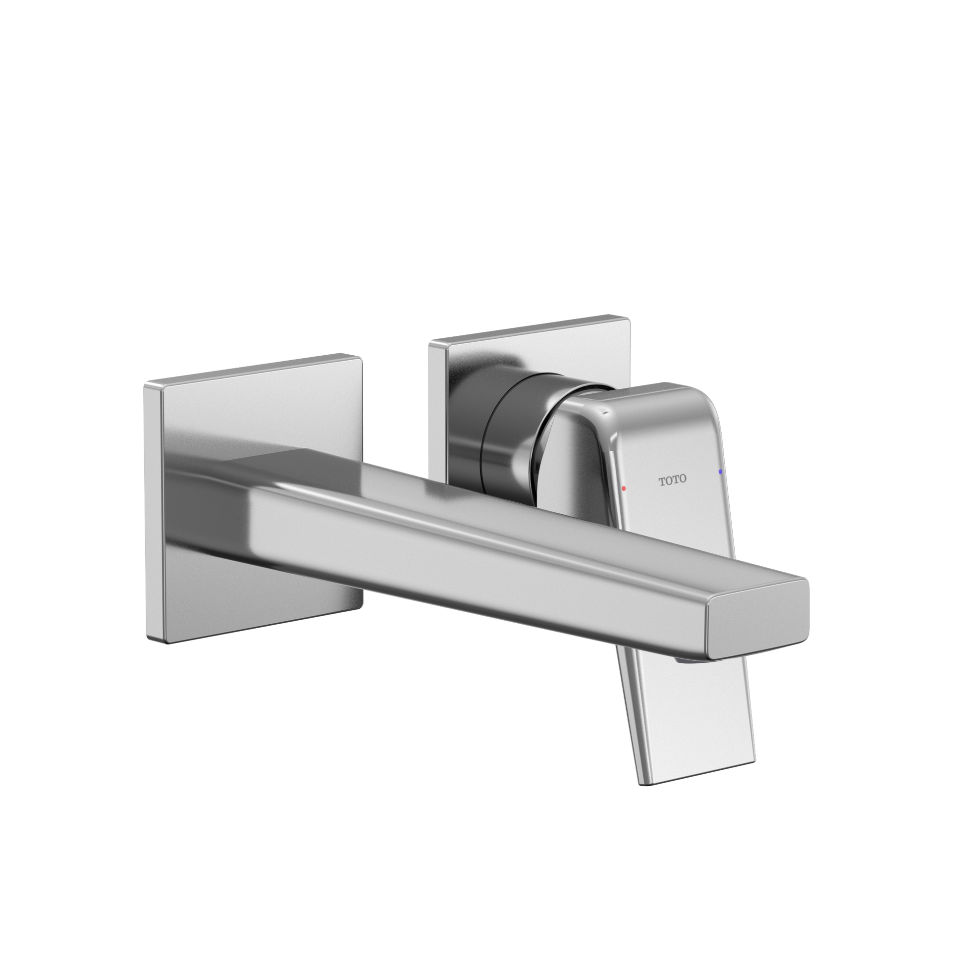 Polished chrome wall-mount bathroom faucet with single handle lever and rectangular spout.