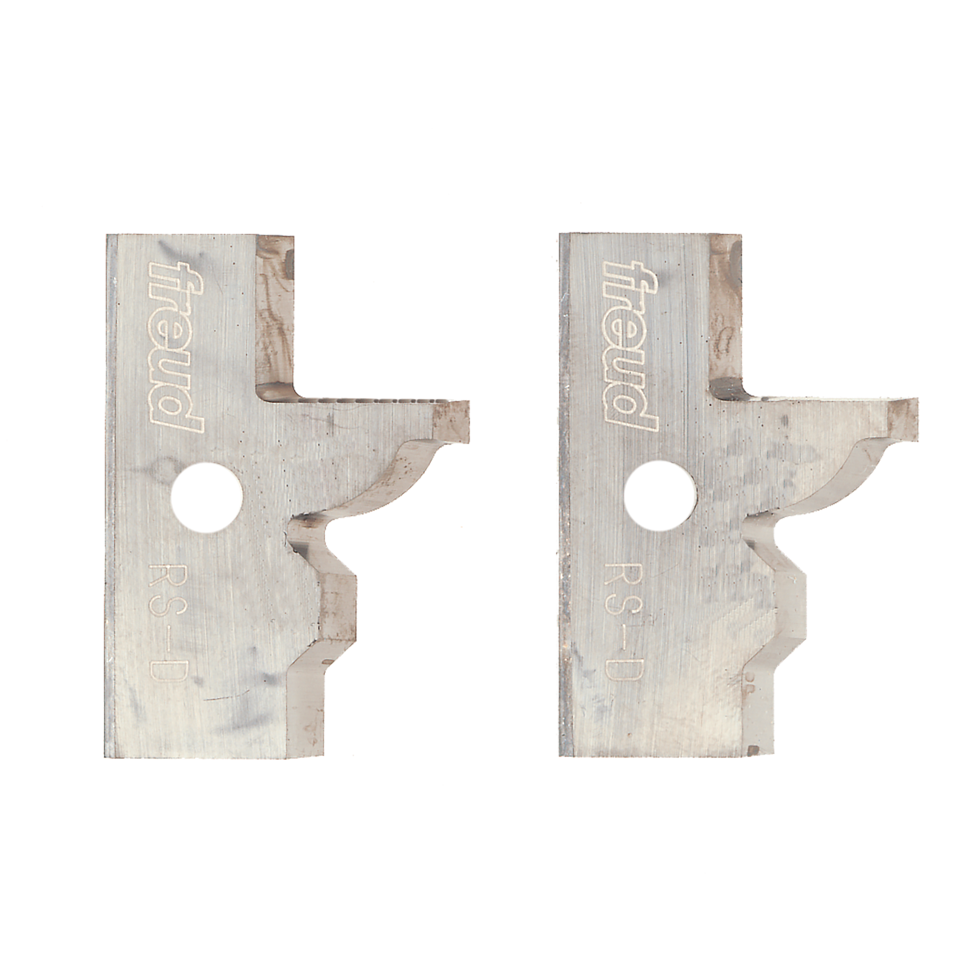 Two Freud RS-D profile knives with curved cutting edges and mounting holes, viewed from the front.