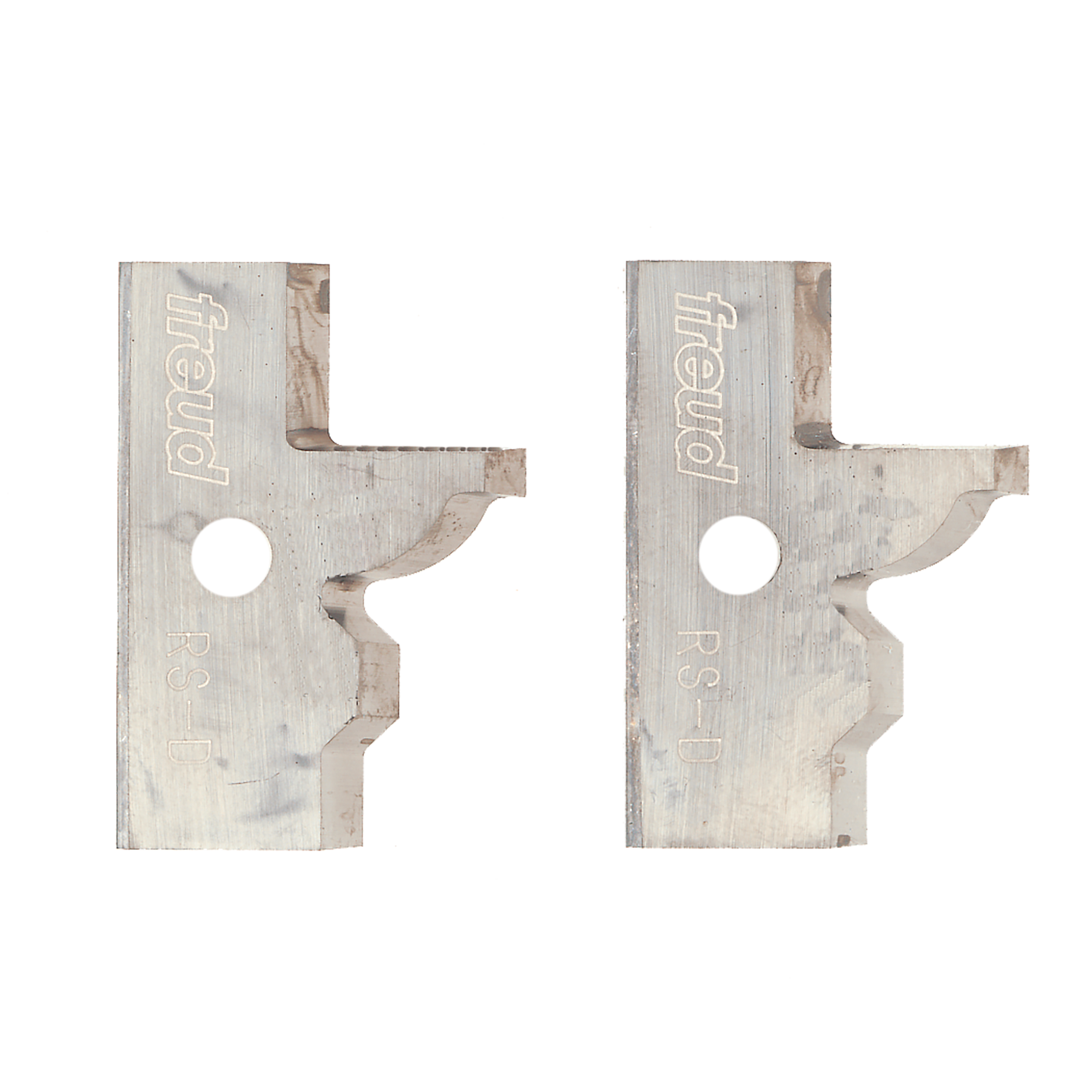 Two Freud RS-D profile knives with curved cutting edges and mounting holes, viewed from the front.