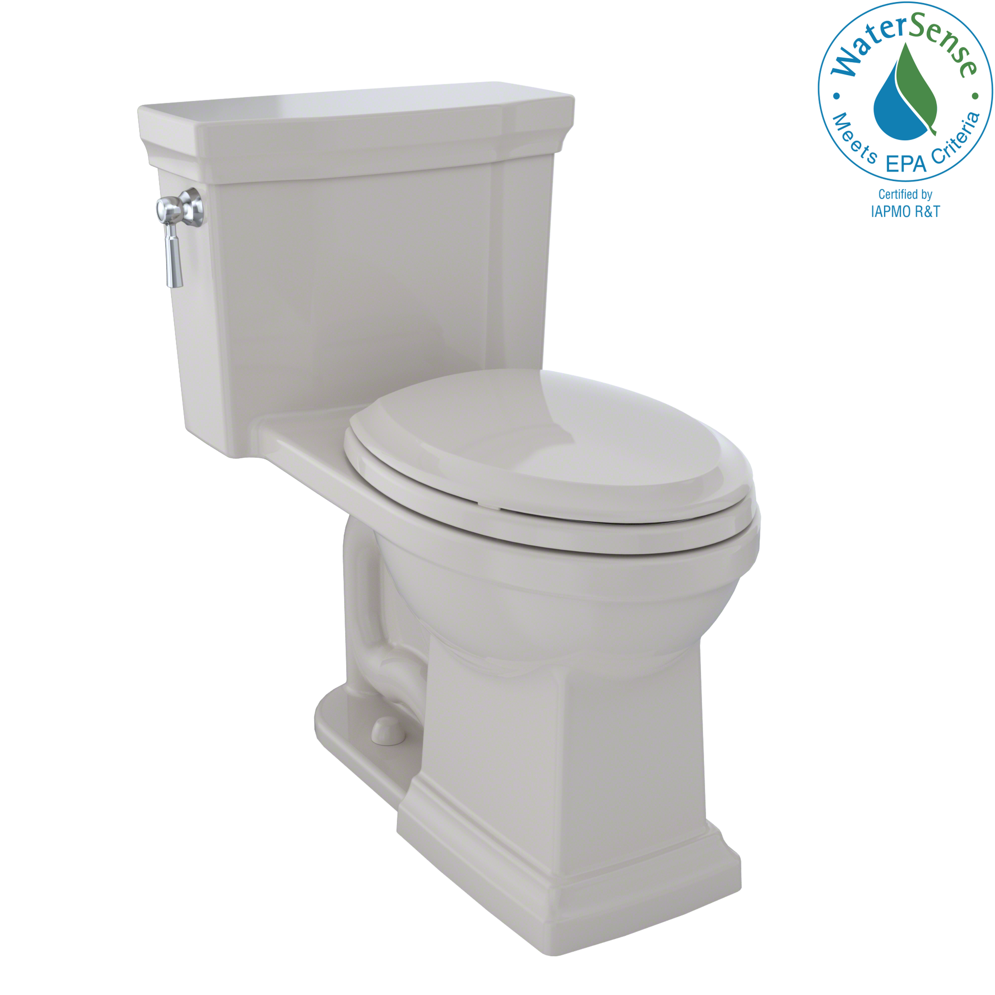 Beige one-piece elongated toilet with matching soft-close seat and tank with side lever handle.