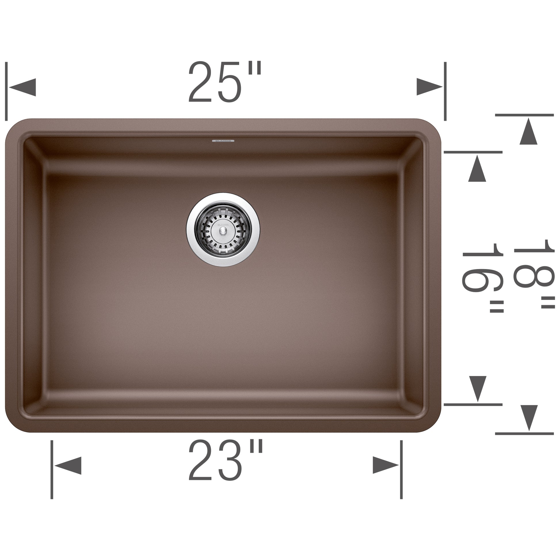 Cafe brown single undermount kitchen sink with rounded corners, drain strainer, and dimensions of 25" width by 19" depth by 8