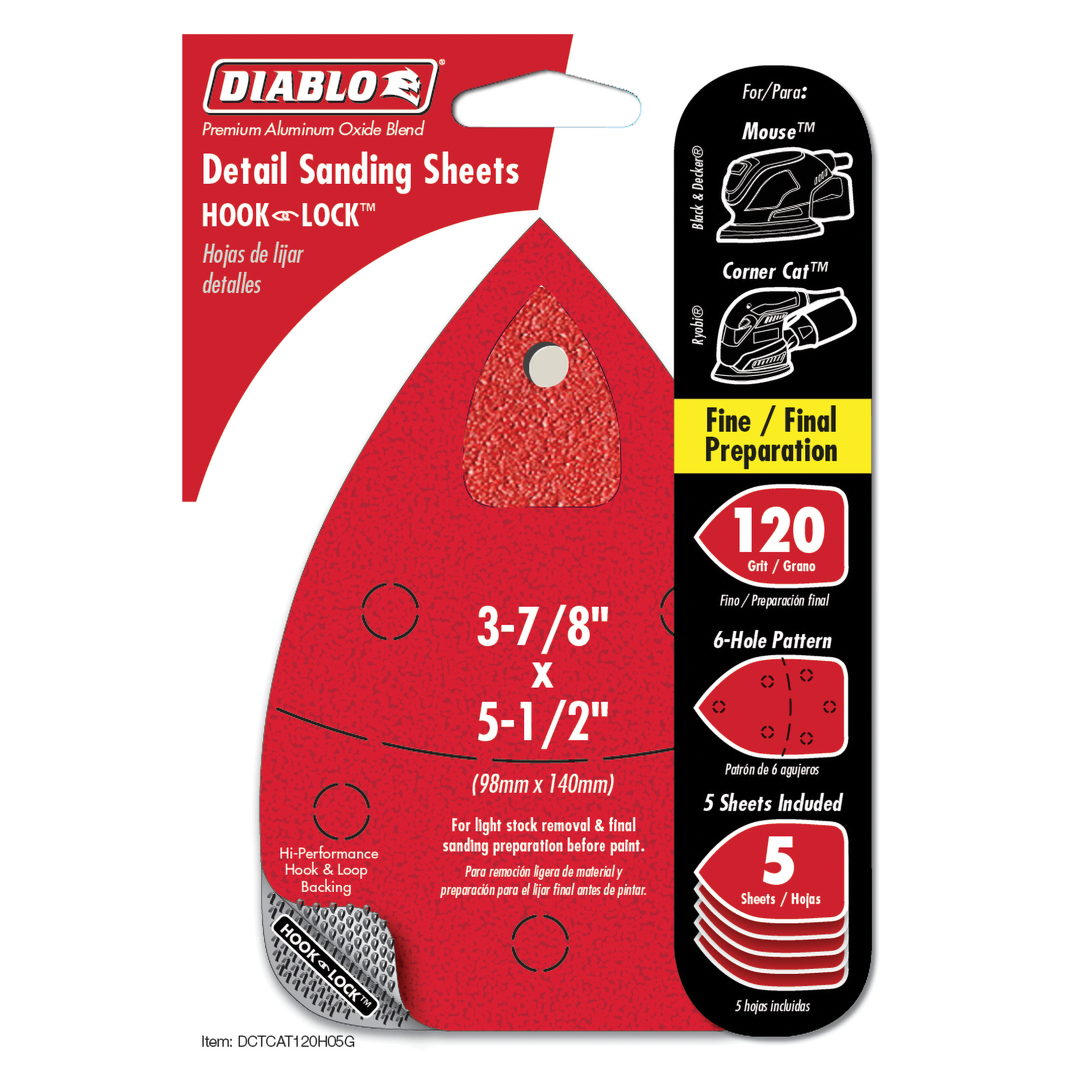 Five red Diablo 120-grit detail sanding sheets with hook and lock backing, 3-7/8 by 5-1/2 inches, compatible with mouse and c