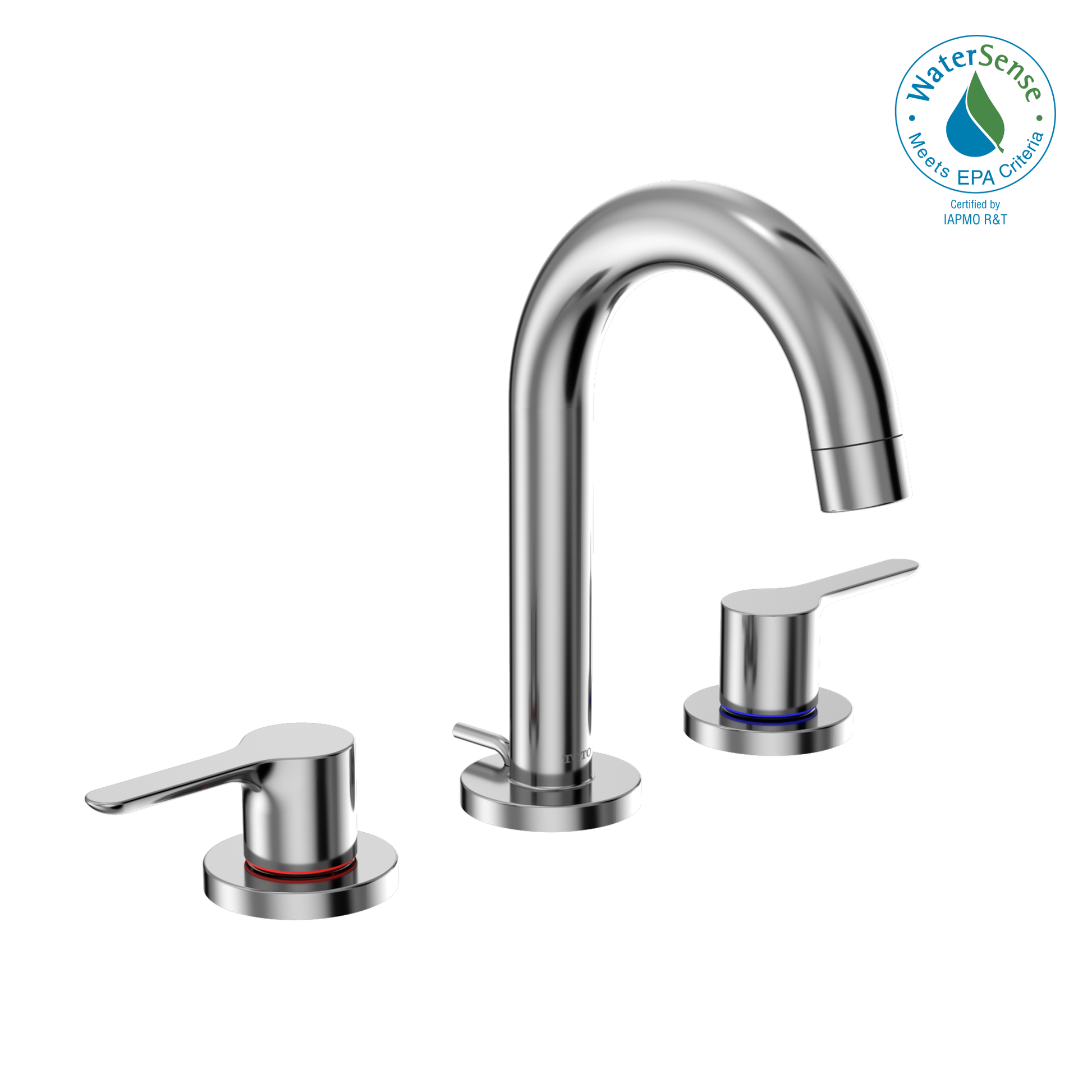 Polished chrome three-piece bathroom sink faucet with curved spout and two lever handles.