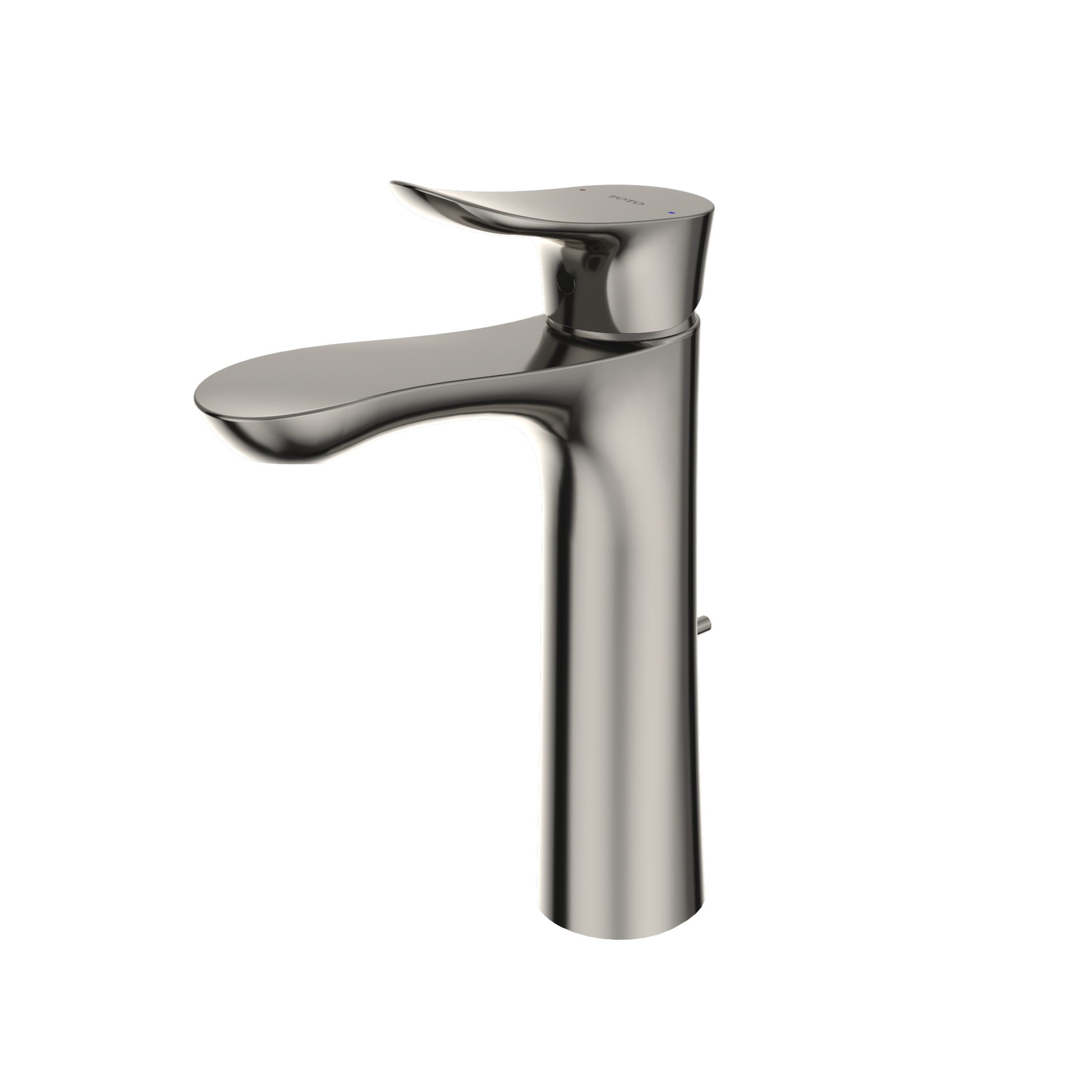 Polished nickel single-handle bathroom sink faucet with curved spout and tall cylindrical body.