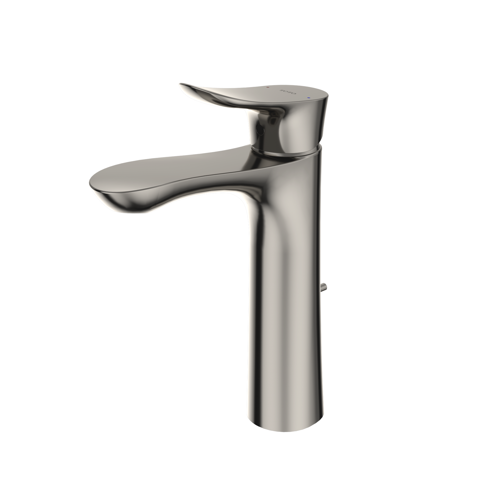 Polished nickel single-handle bathroom sink faucet with curved spout and tall cylindrical body.