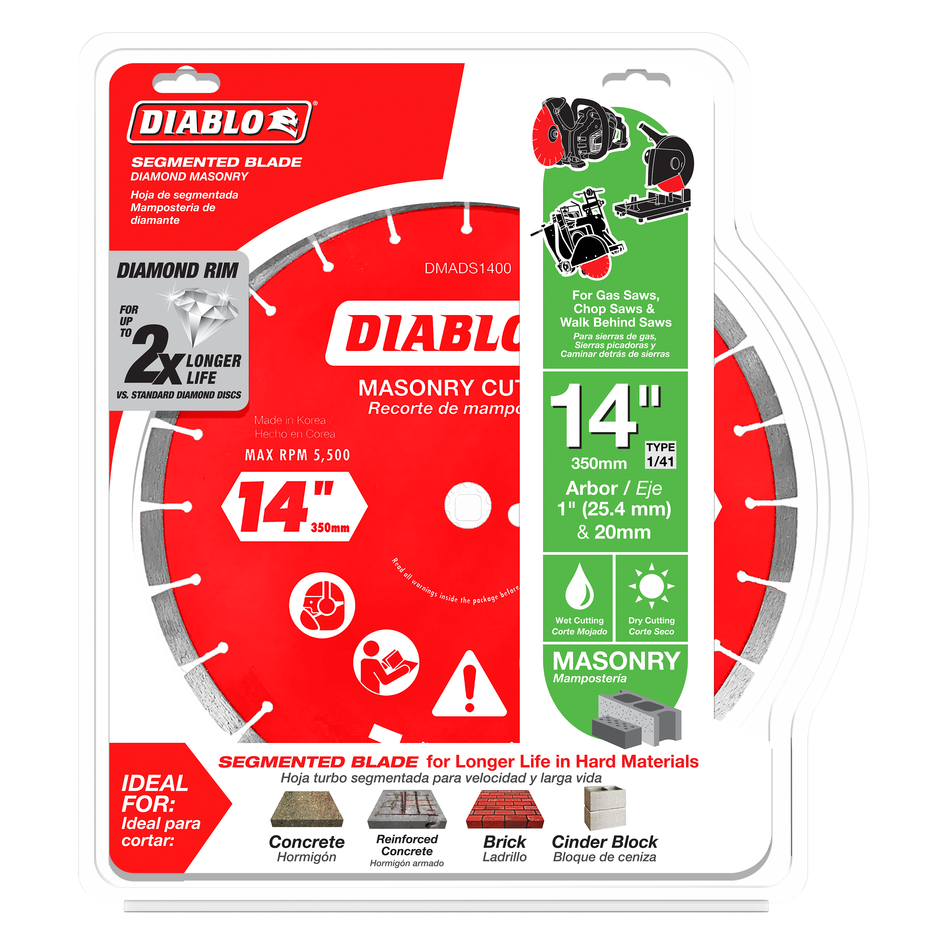 Diablo 14-inch diamond segmented masonry cut-off disc with diamond rim, 350mm bore, max 5,500 RPM.