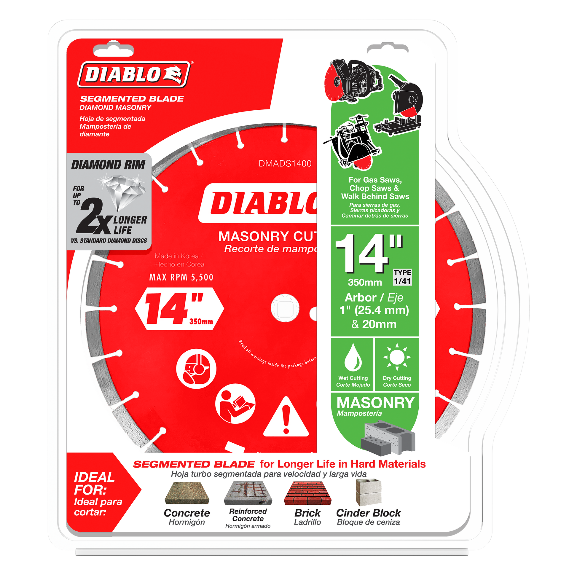 14-inch Diablo diamond segmented cut-off disc with diamond rim for masonry cutting, max 5,500 RPM.