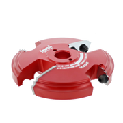 Red router cutter head with multiple cutting edges and central mounting hole, labeled with Freud branding and model number UC