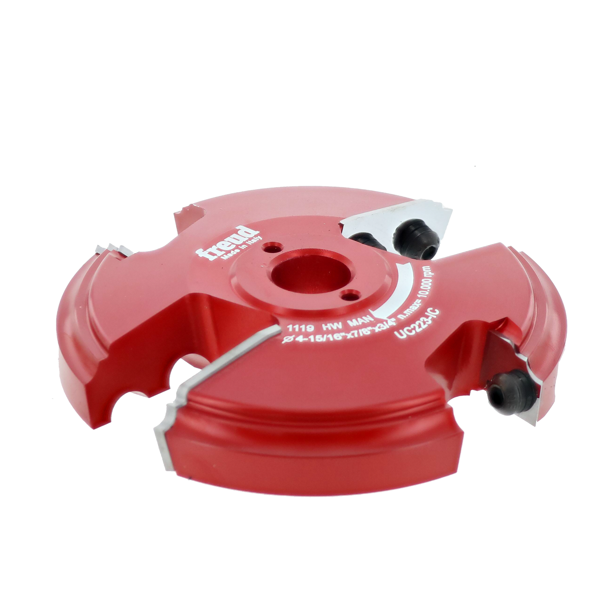 Red router cutter head with multiple cutting edges and central mounting hole, labeled with Freud branding and model number UC
