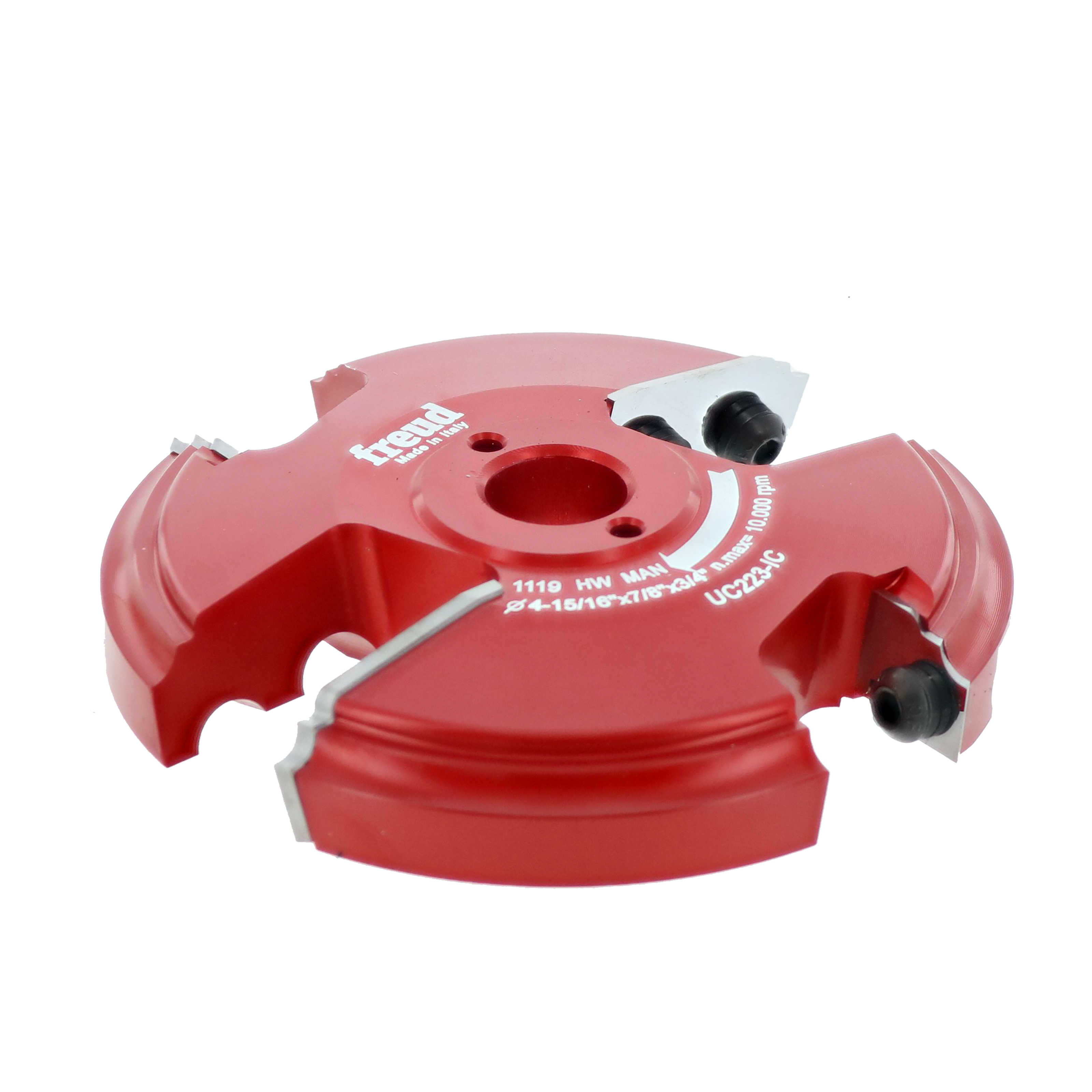 Red router cutter head with multiple cutting edges and central mounting hole, labeled with Freud branding and model number UC