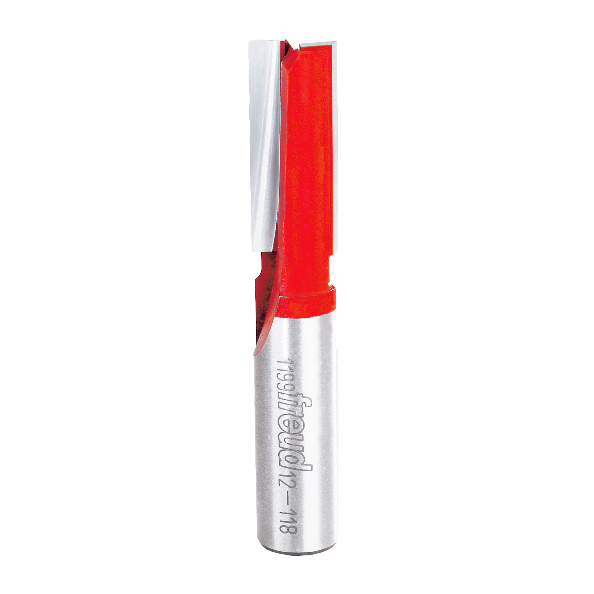 Freud 1/2-inch diameter double flute straight router bit with red cutting head and silver metal shank.