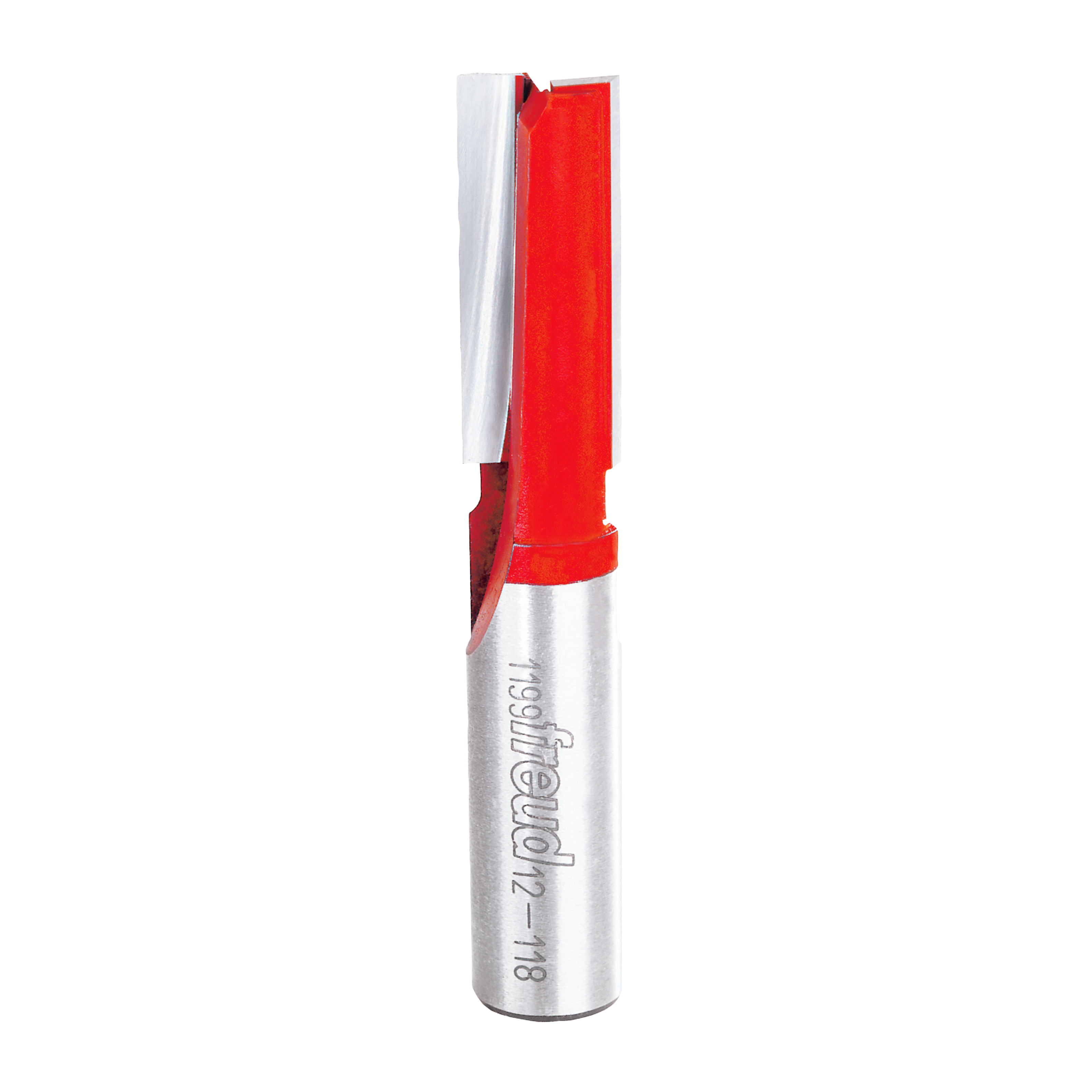 Freud 1/2-inch diameter double flute straight router bit with red cutting head and silver metal shank.