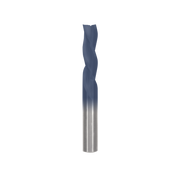 Spiral router bit with dark blue flutes and silver metal shaft for woodworking applications.