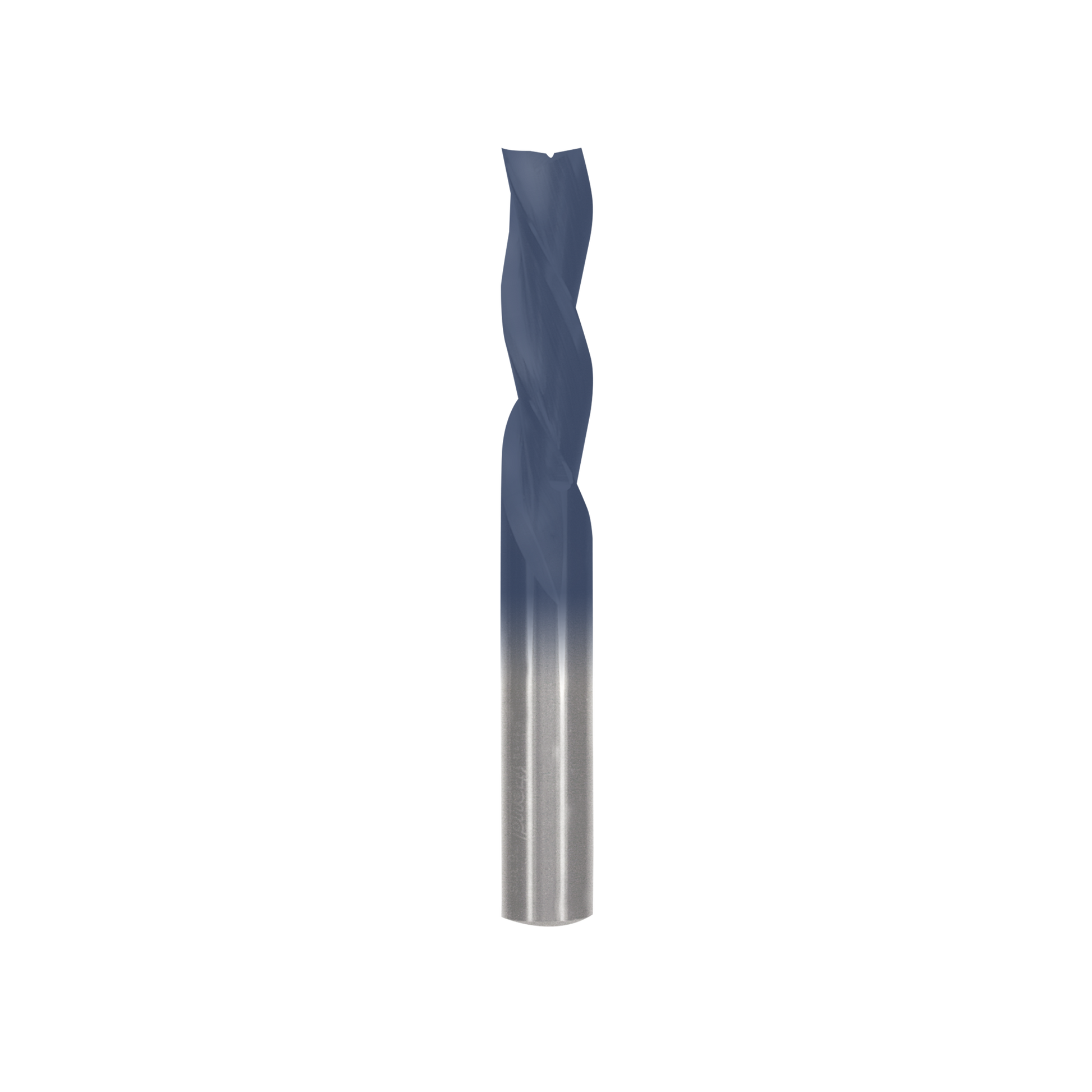 Spiral router bit with dark blue flutes and silver metal shaft for woodworking applications.