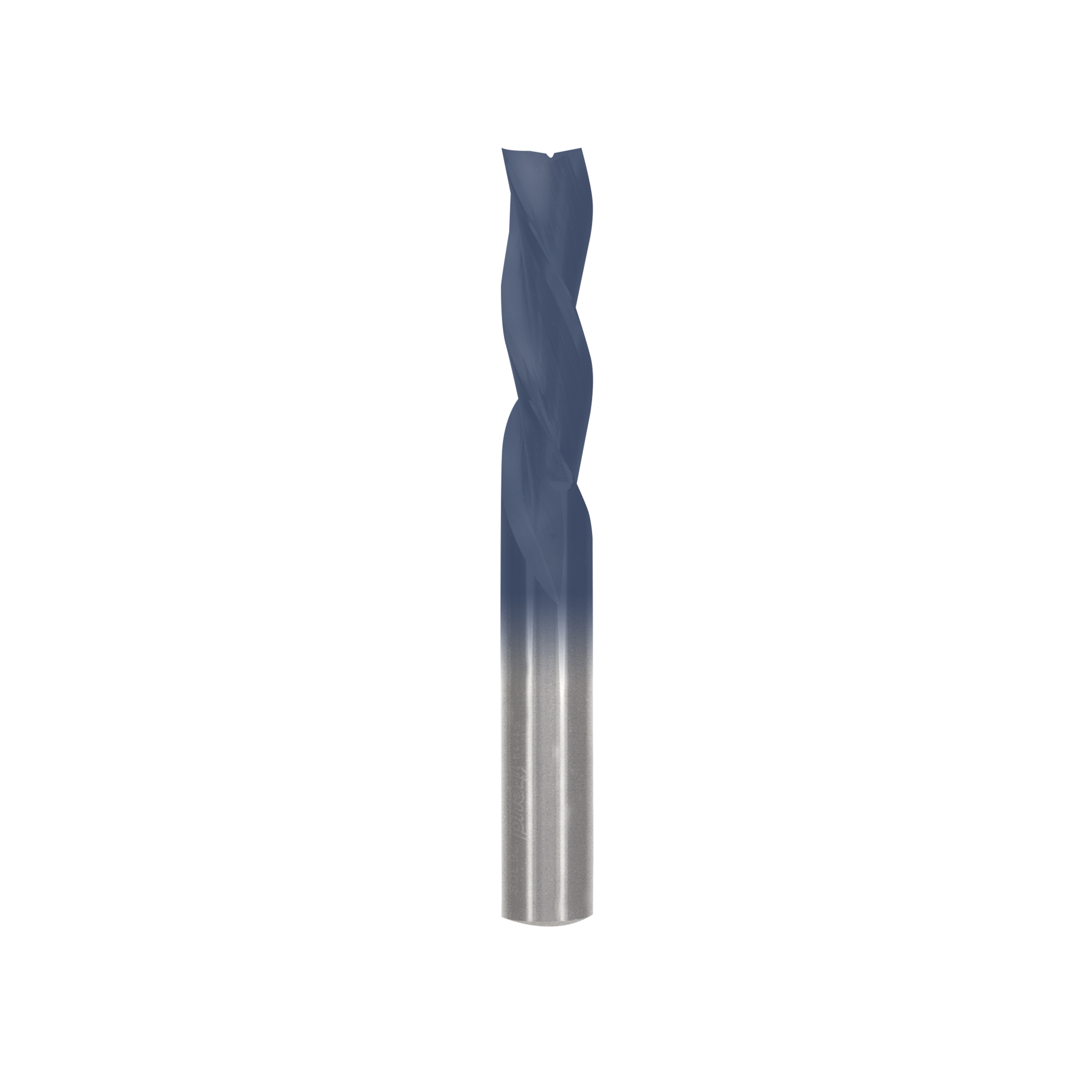 Spiral router bit with dark blue flutes and silver metal shaft for woodworking applications.