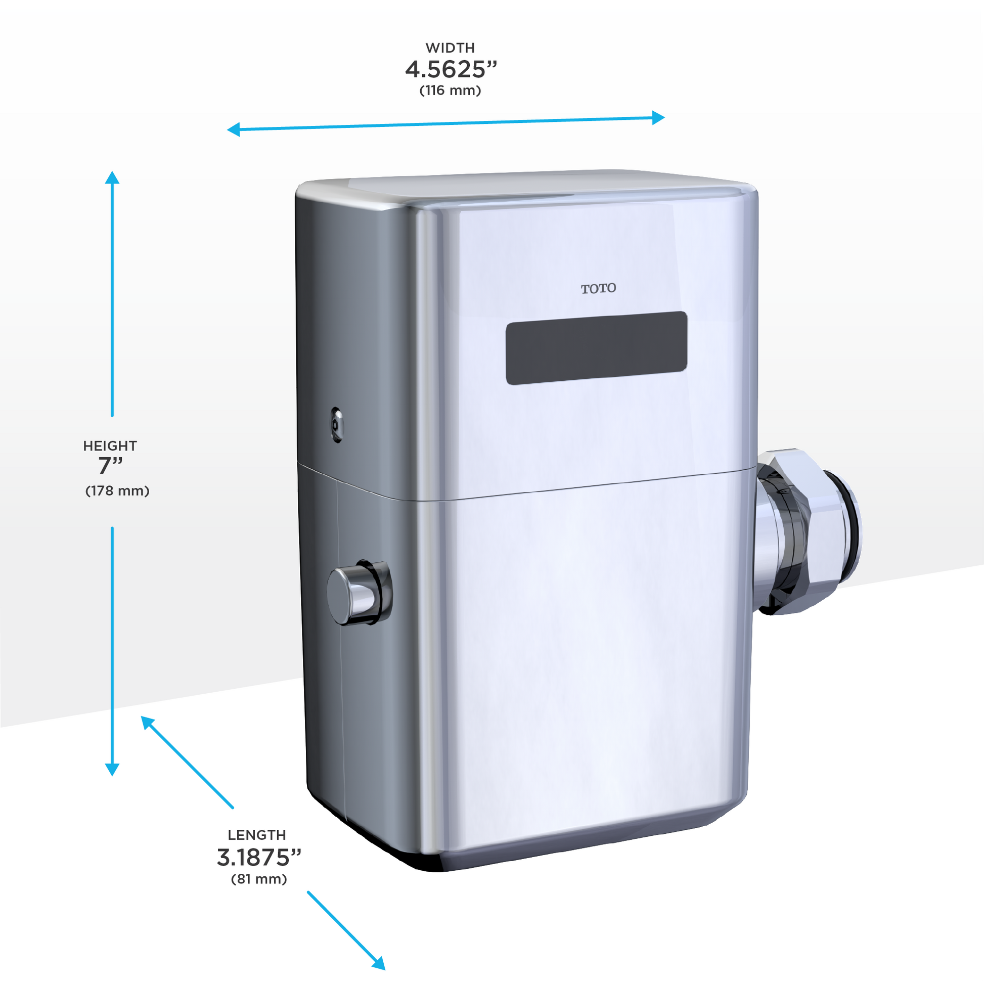 Toto Ecopower touchless flushometer valve with polished chrome finish and sensor panel, dimensions shown.