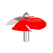 Raised panel router bit with red cutting surfaces and silver metal shaft with bearing.