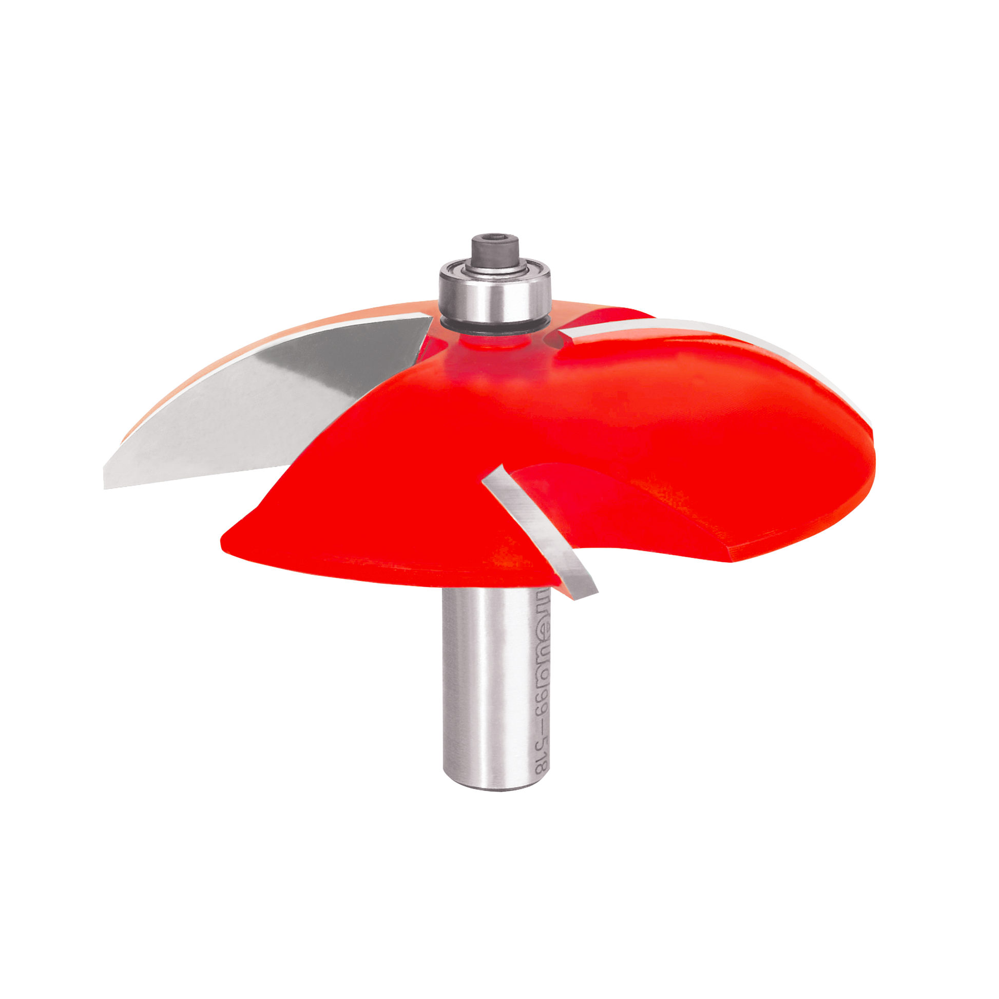 Raised panel router bit with red cutting surfaces and silver metal shaft with bearing.