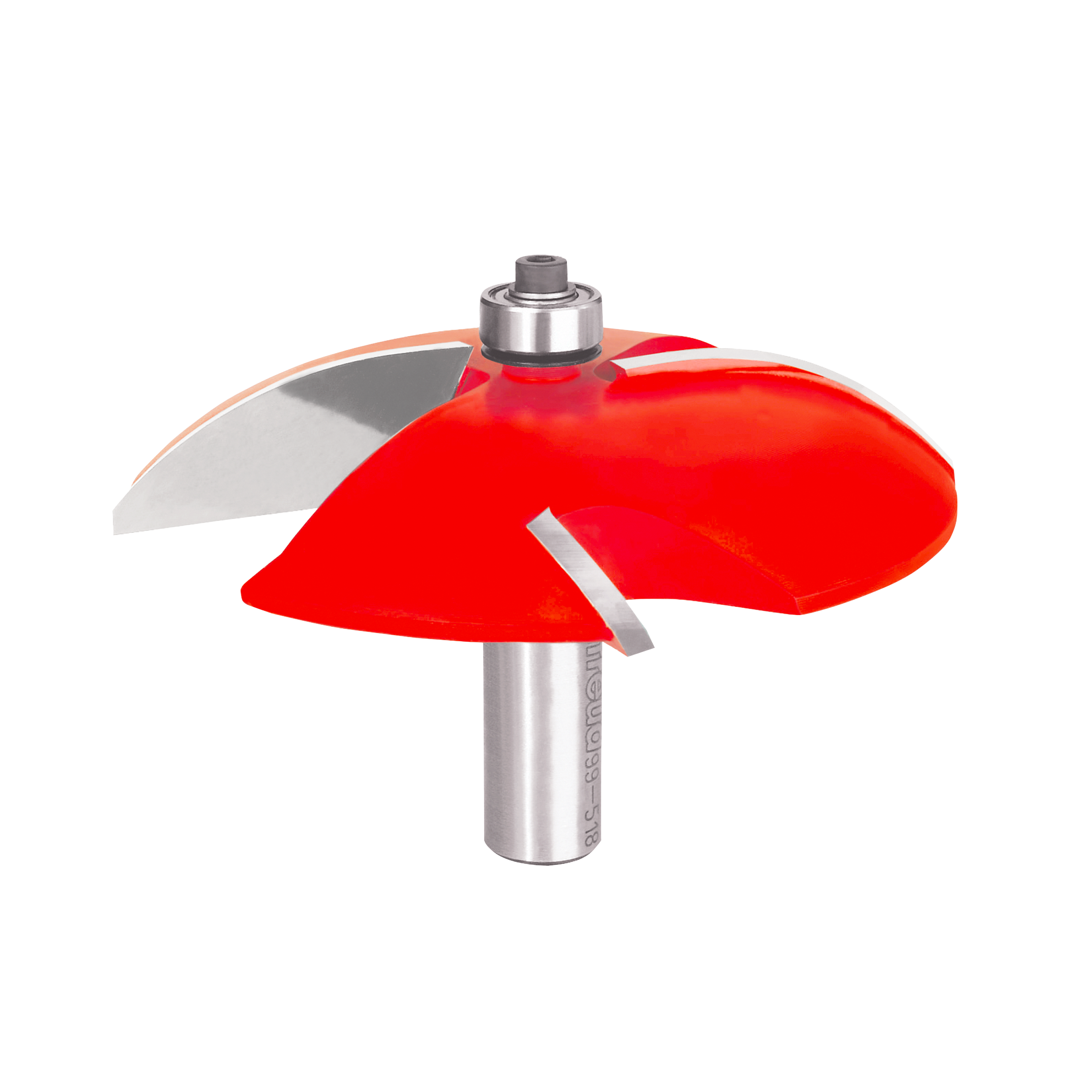 Raised panel router bit with red cutting surfaces and silver metal shaft with bearing.