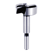 Silver Diablo Forstner bit with cylindrical steel shaft and wide flat cutting head with black cutting edges.
