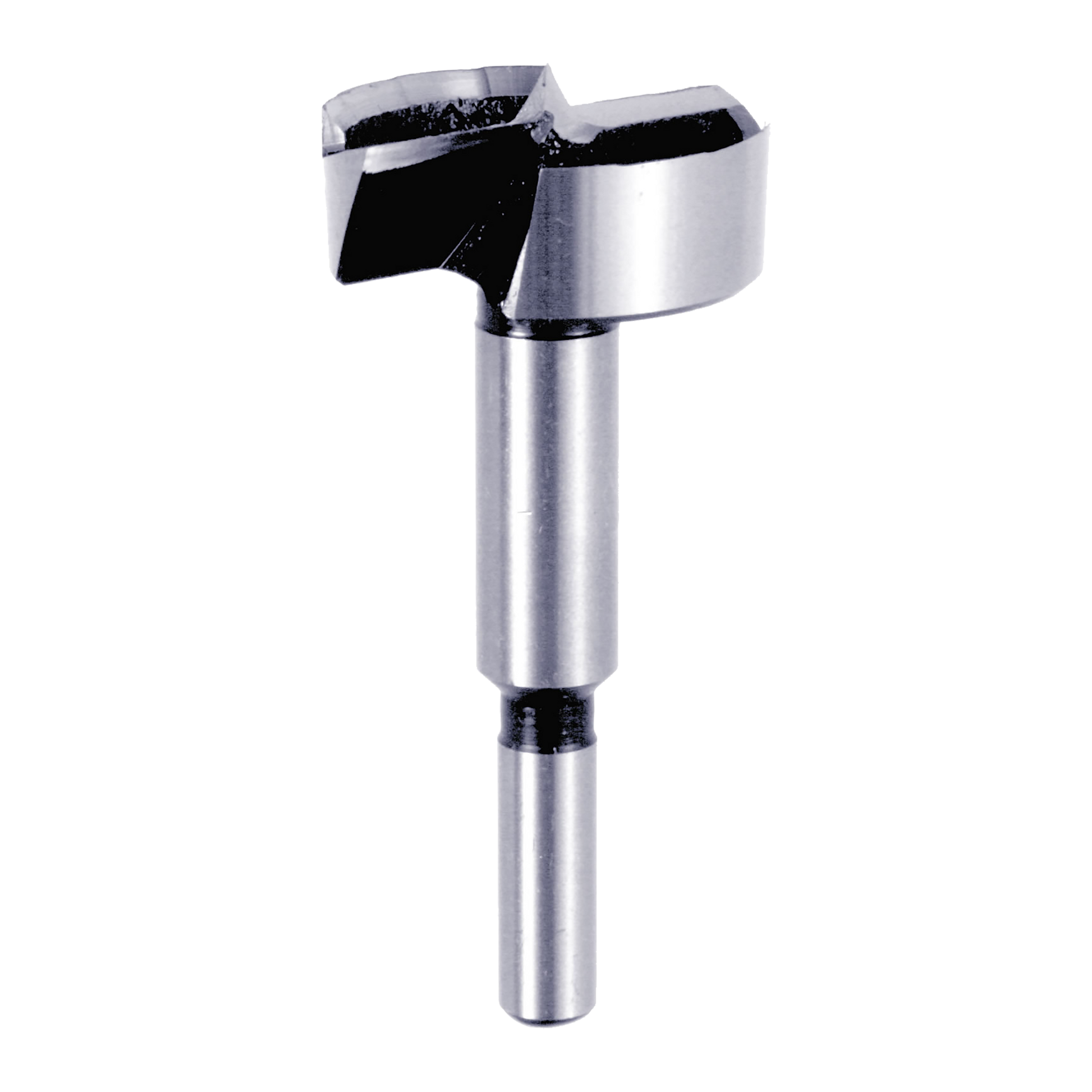 Silver Diablo Forstner bit with cylindrical steel shaft and wide flat cutting head with black cutting edges.