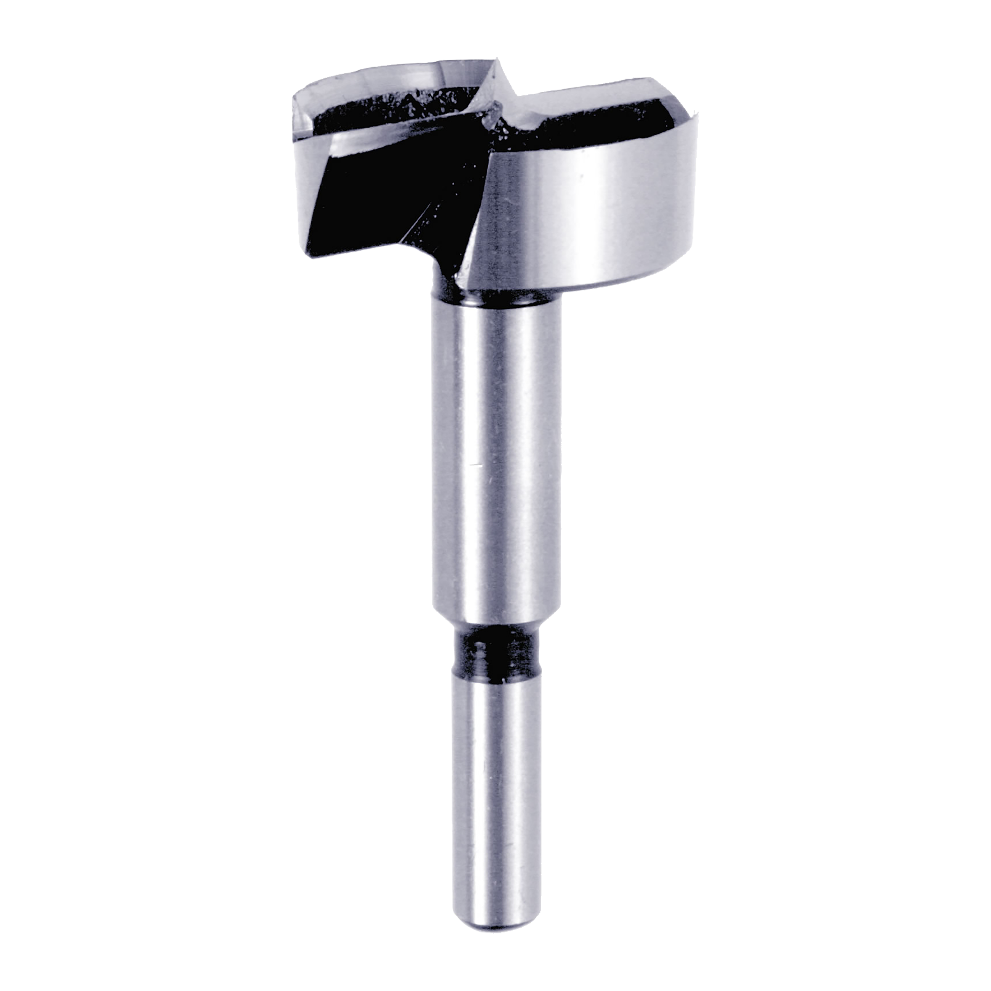 Silver Diablo Forstner bit with cylindrical steel shaft and wide flat cutting head with black cutting edges.