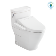Cotton white one-piece elongated toilet with integrated bidet seat and control panel on right side.