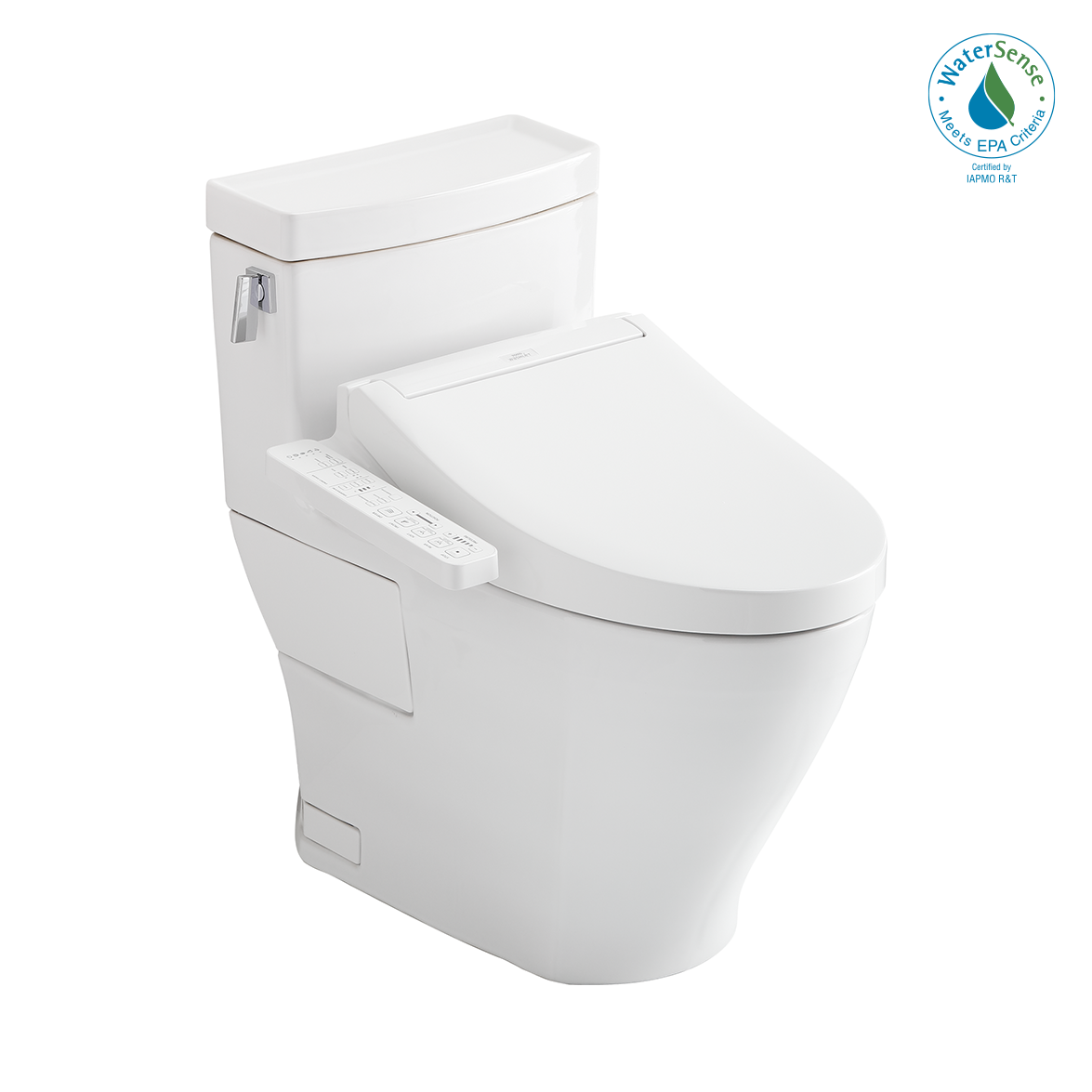 Cotton white one-piece elongated toilet with integrated bidet seat and control panel on right side.