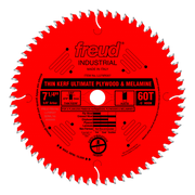 Red circular saw blade with 60 teeth, 7-1/4" diameter, white center arbor hole, and gray tooth tips.
