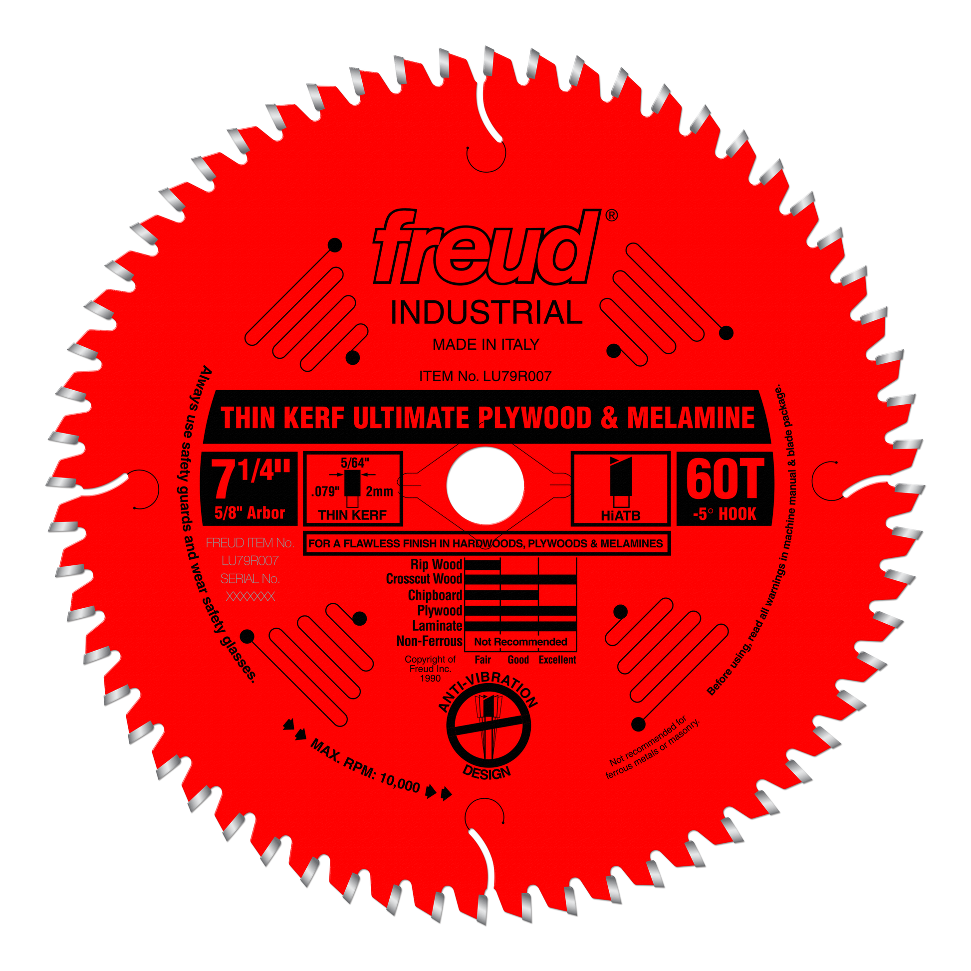 Red circular saw blade with 60 teeth, 7-1/4" diameter, white center arbor hole, and gray tooth tips.
