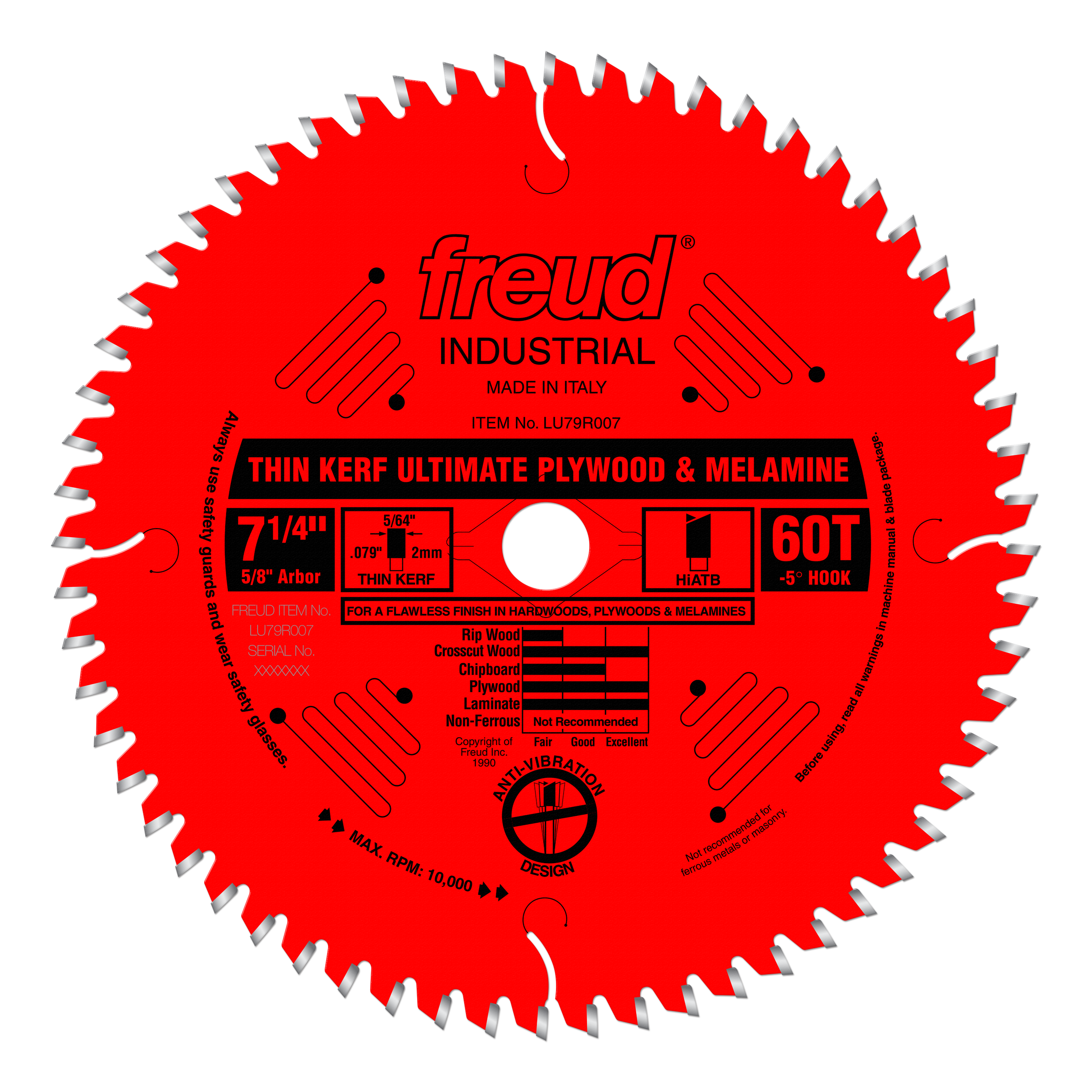 Red circular saw blade with 60 teeth, 7-1/4" diameter, white center arbor hole, and gray tooth tips.