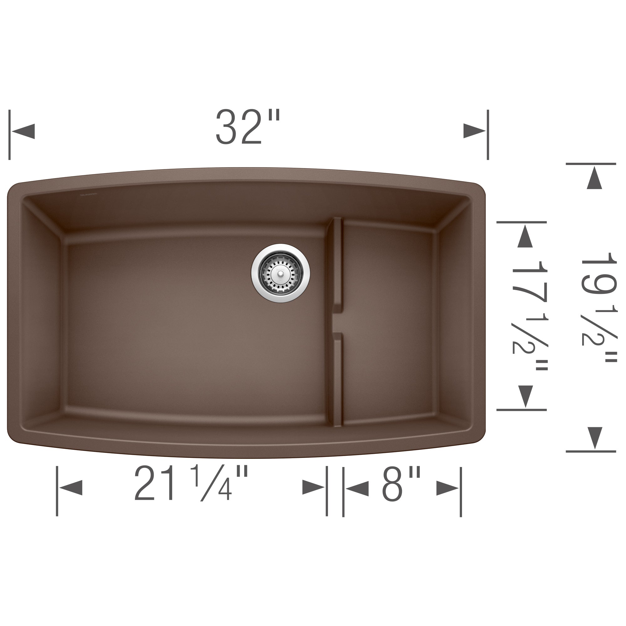 Cafe brown undermount kitchen sink with two basins and rounded corners, shown from above with dimensions of 32 inches wide.