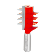 Router bit with red cutting head featuring four alternating finger joint profiles and gray metal shank with Freud branding.