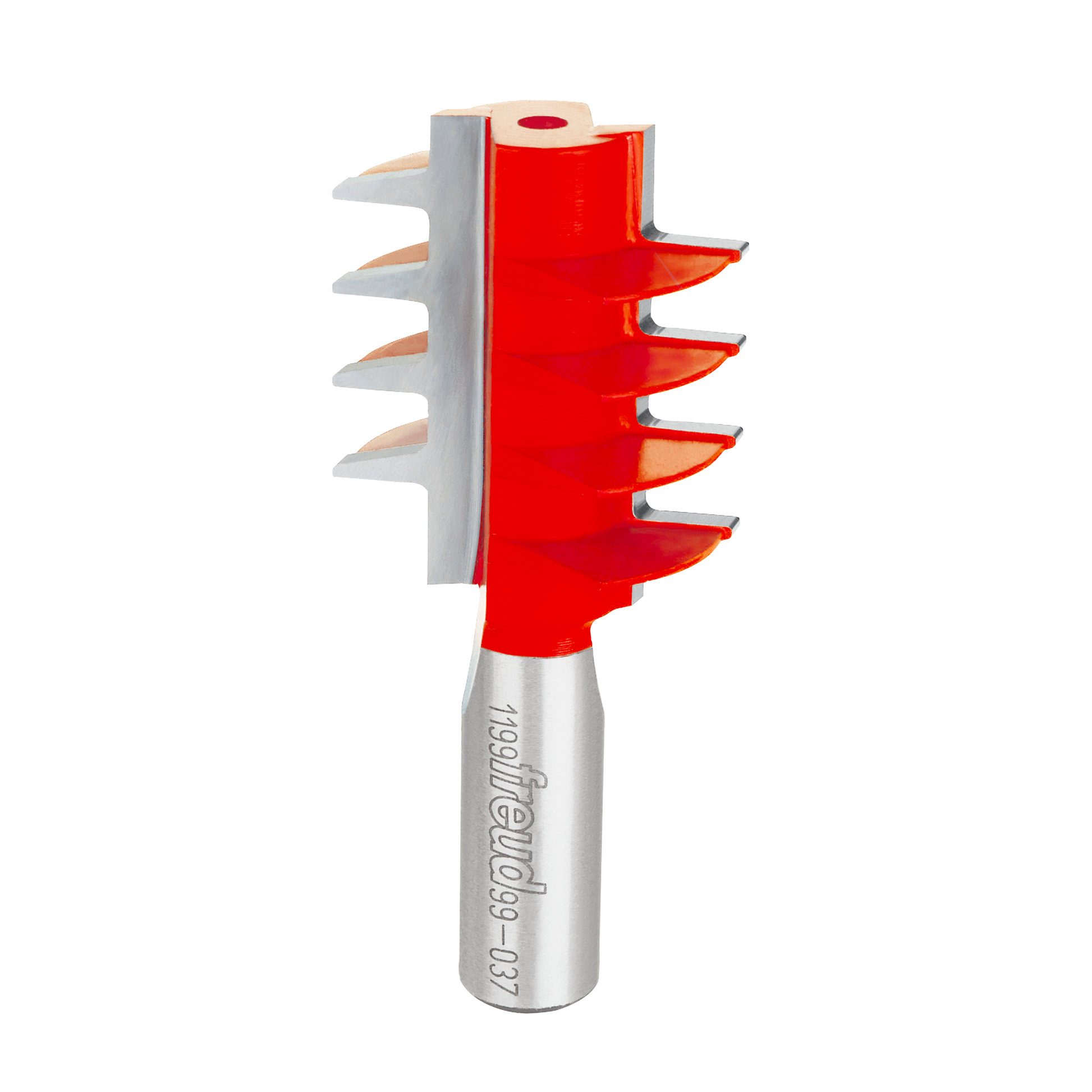 Router bit with red cutting head featuring four alternating finger joint profiles and gray metal shank with Freud branding.