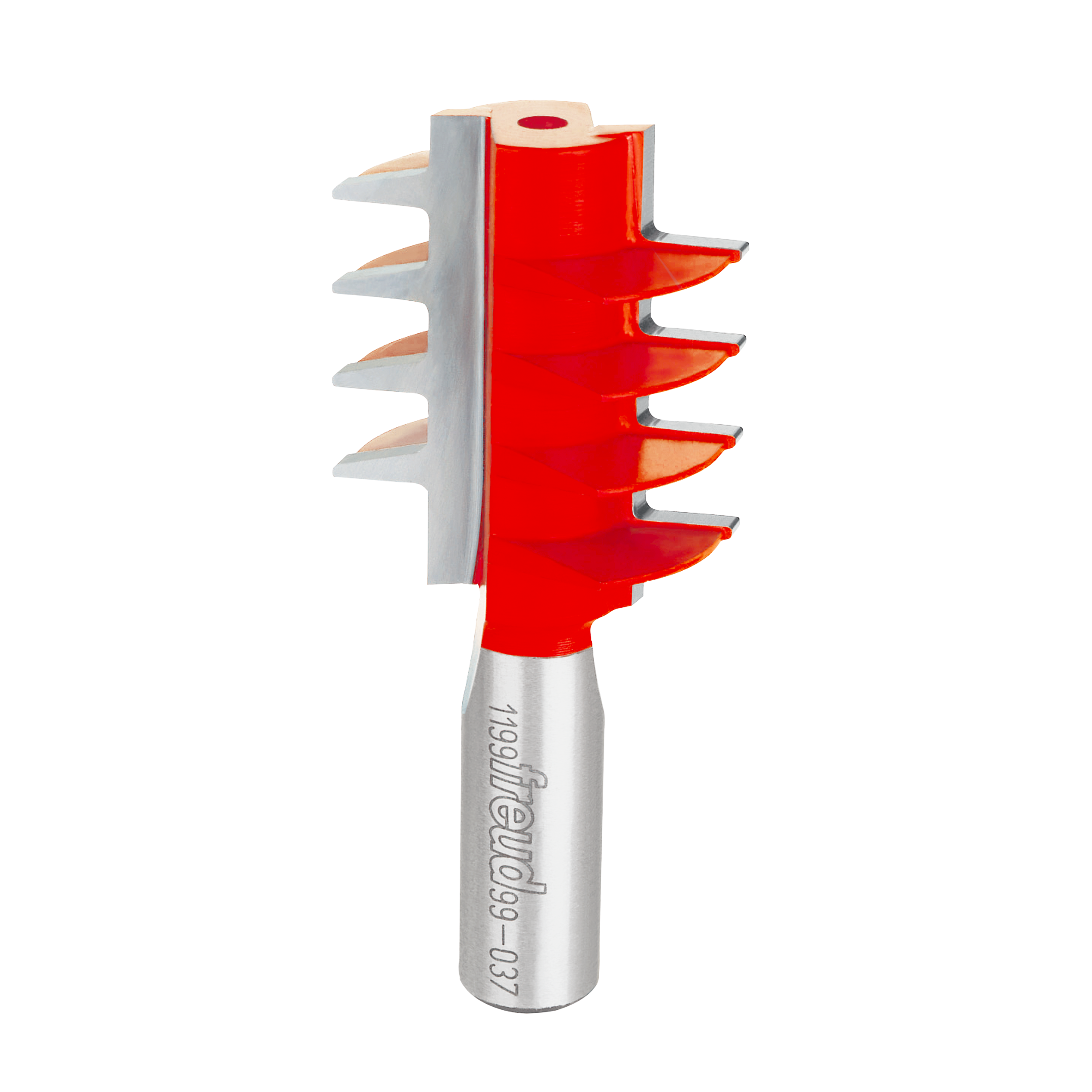 Router bit with red cutting head featuring four alternating finger joint profiles and gray metal shank with Freud branding.