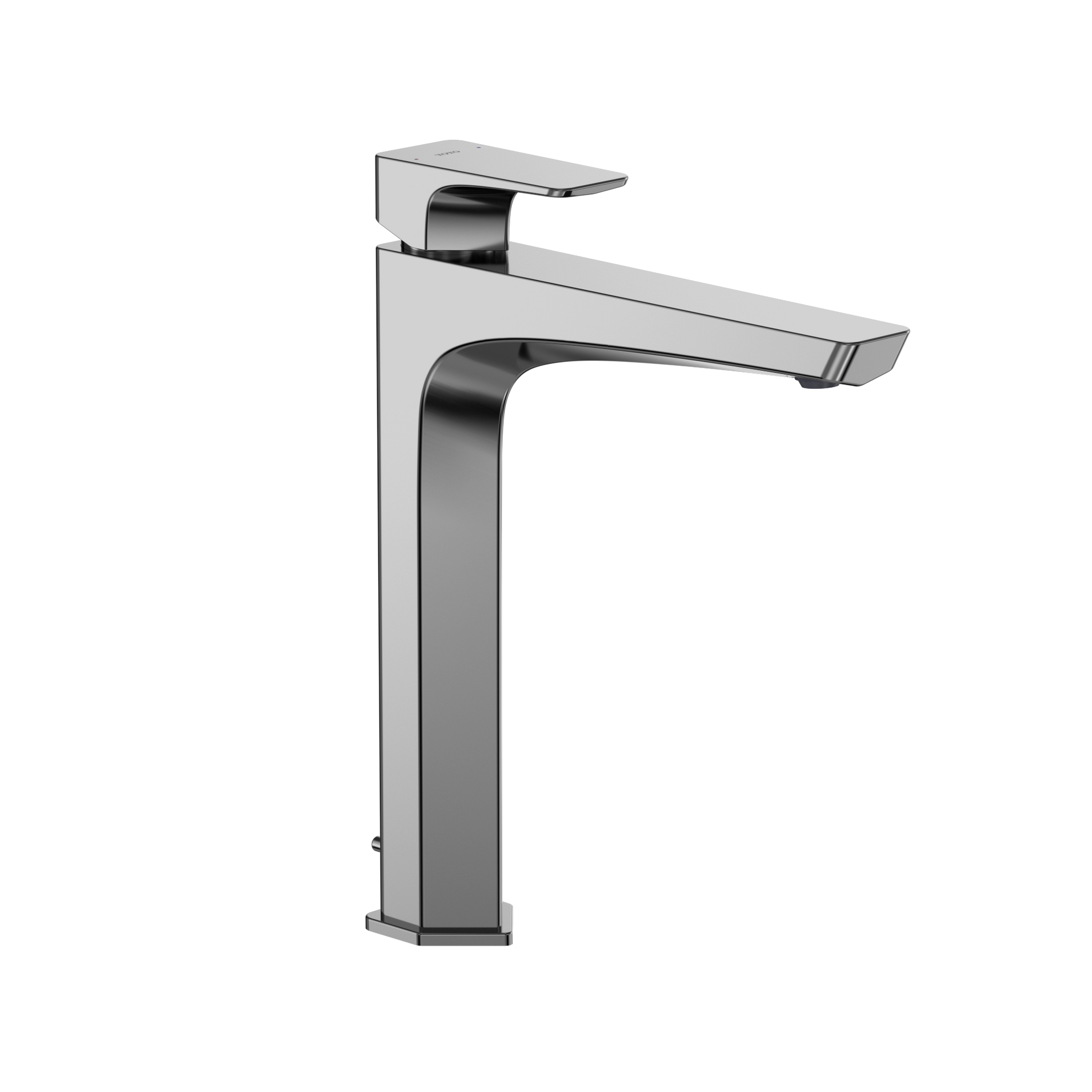 Polished chrome single-handle vessel bathroom faucet with tall curved spout and rectangular base.