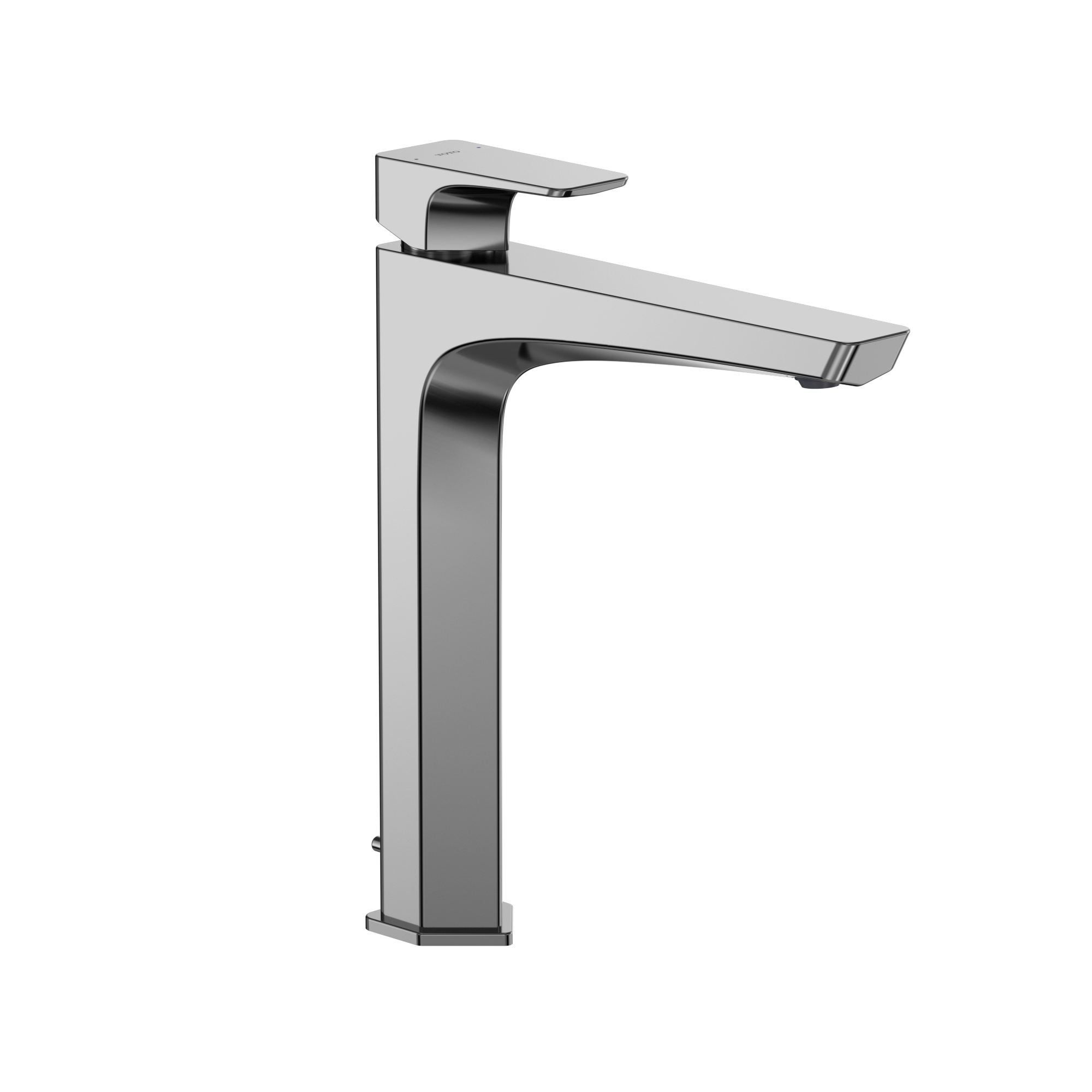 Polished chrome single-handle vessel bathroom faucet with tall curved spout and rectangular base.