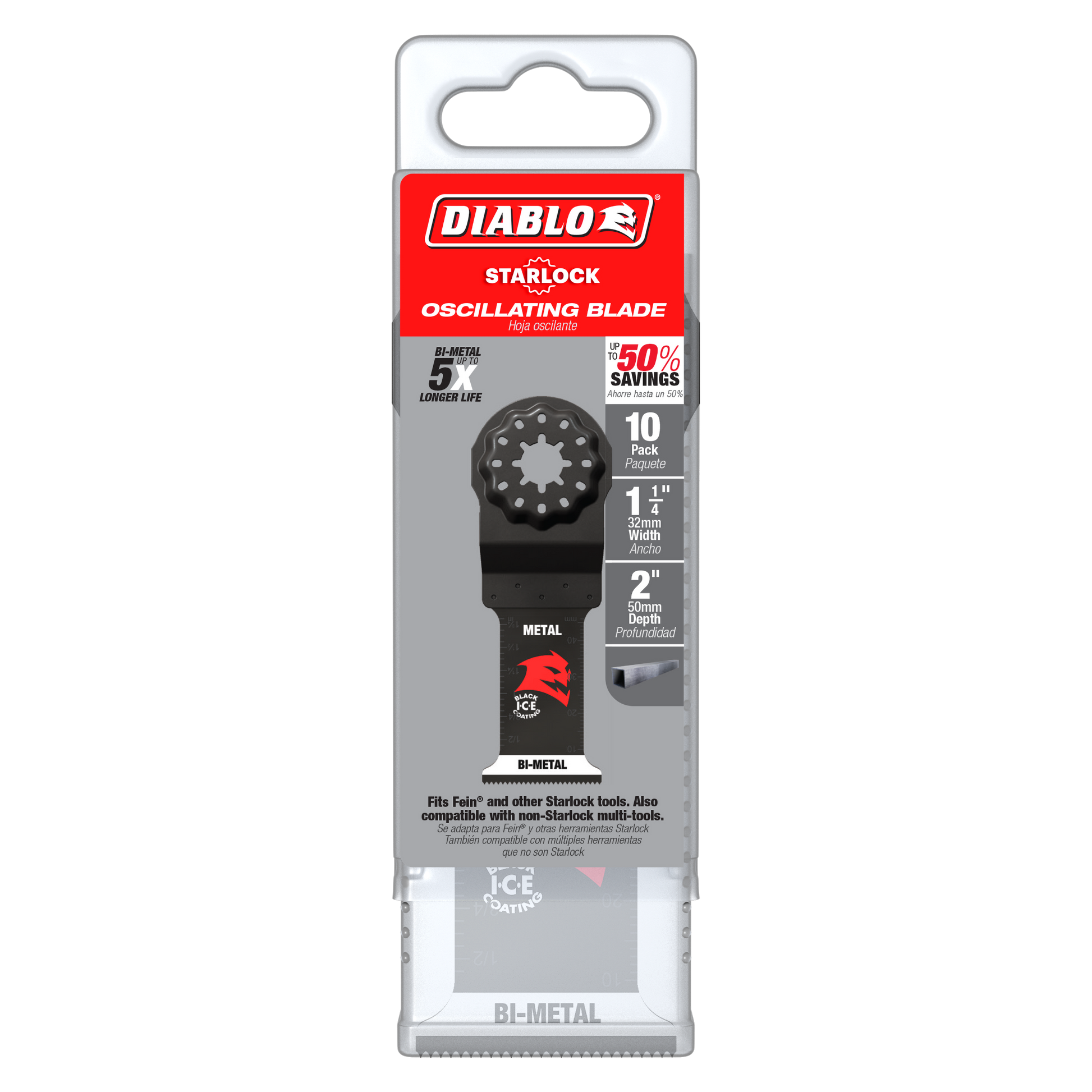 Diablo Starlock bi-metal oscillating blade with round head and black cutting surface for metal cutting.