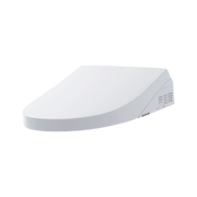 White elongated bidet toilet seat with curved design and control panel on right side.