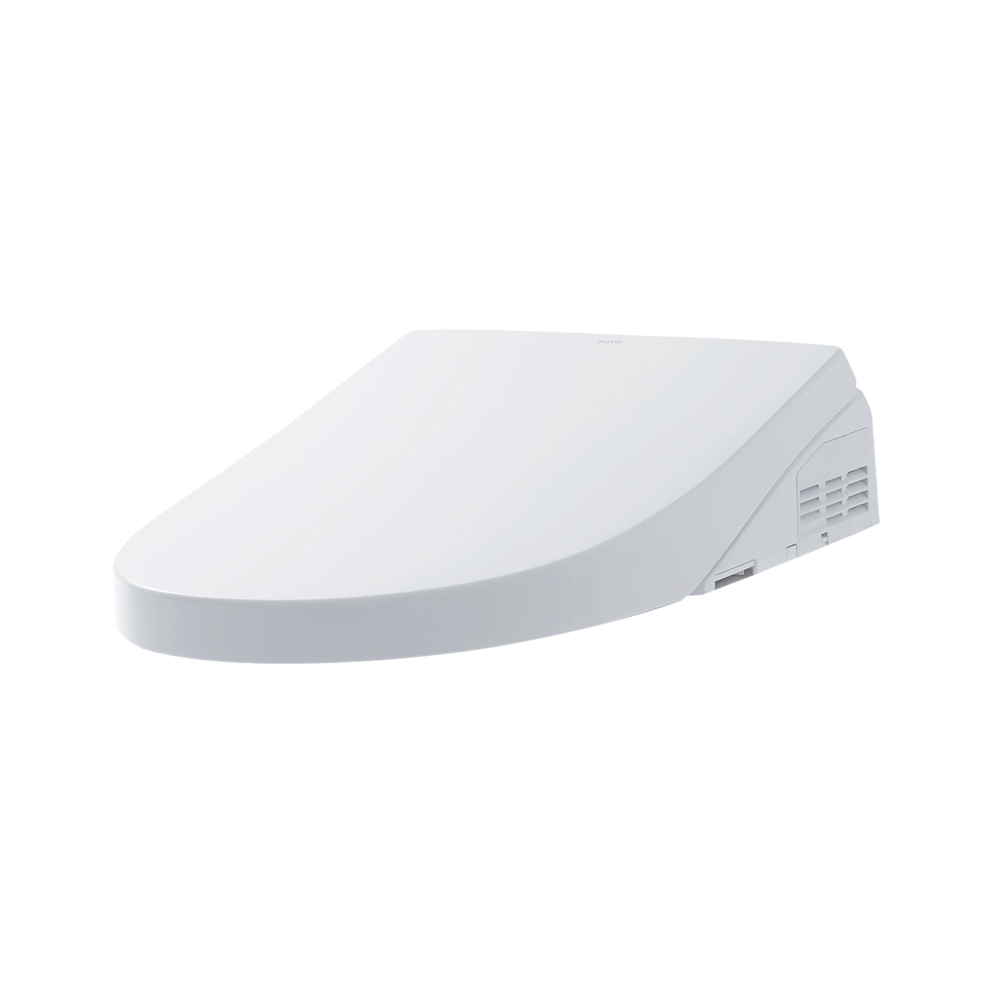 White elongated bidet toilet seat with curved design and control panel on right side.