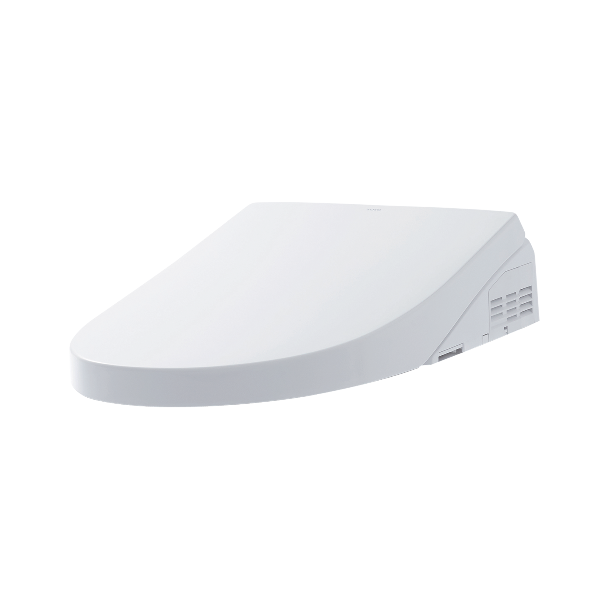 White elongated bidet toilet seat with curved design and control panel on right side.