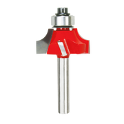 Silver and red beading router bit with 1/4" radius cutting head and metal shank.