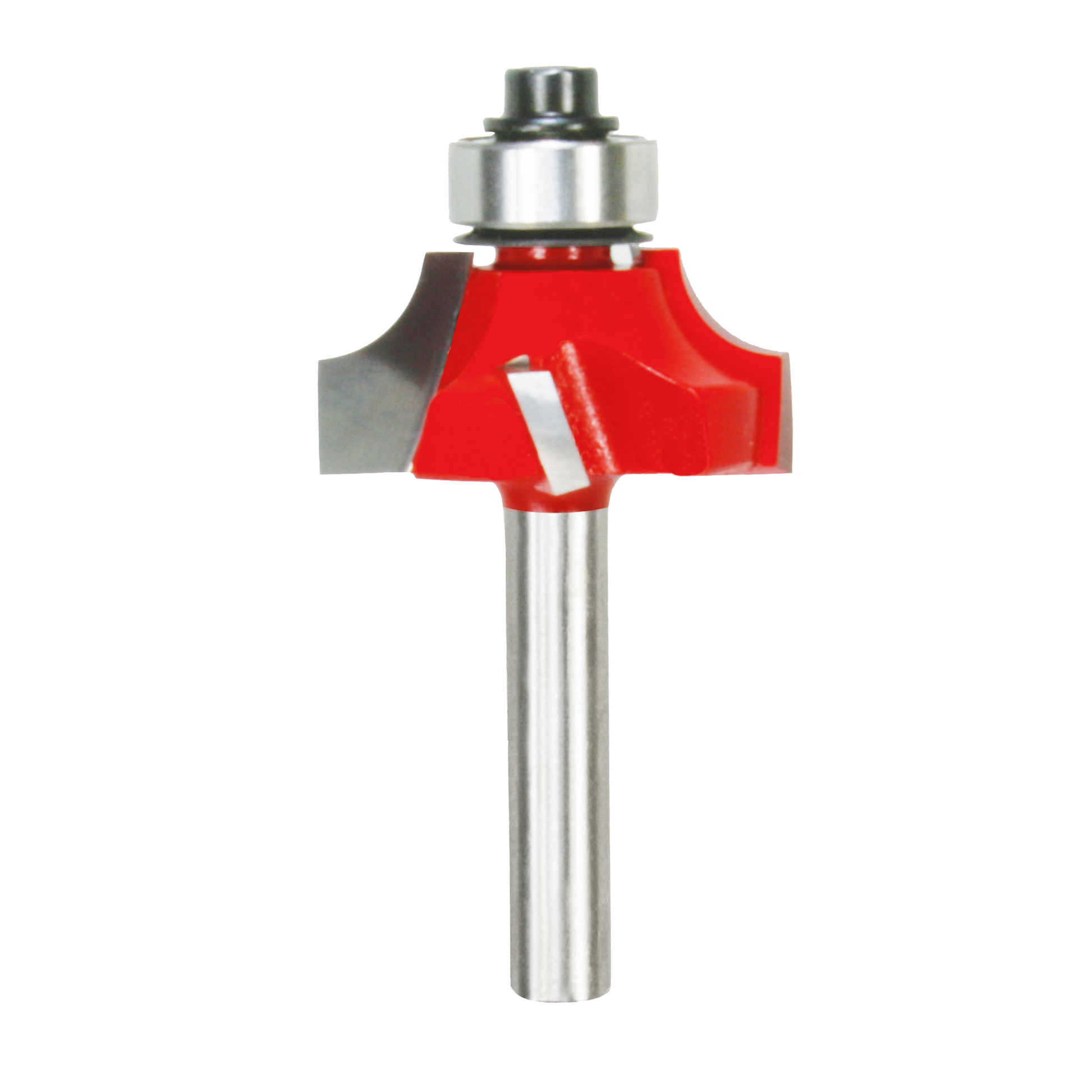 Silver and red beading router bit with 1/4" radius cutting head and metal shank.