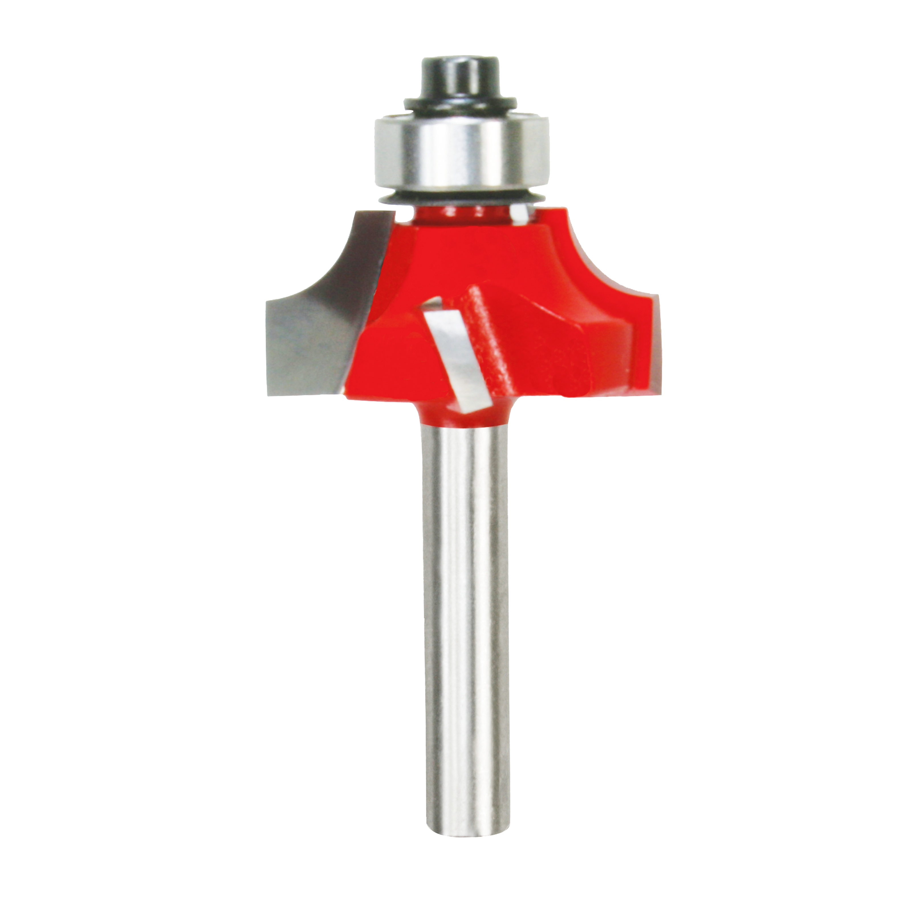 Silver and red beading router bit with 1/4" radius cutting head and metal shank.