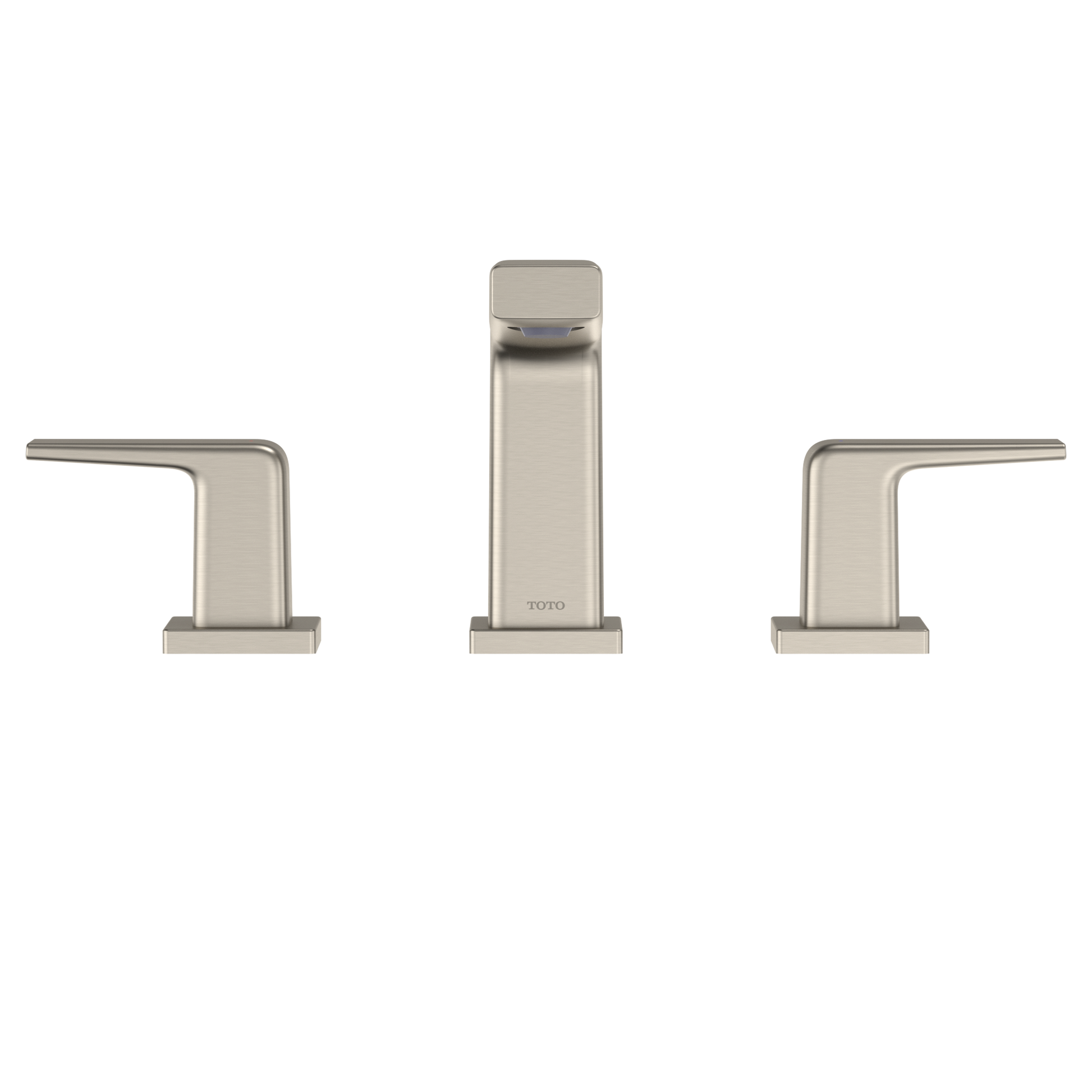 Brushed nickel two-handle widespread bathroom sink faucet with rectangular handles and tall center spout.