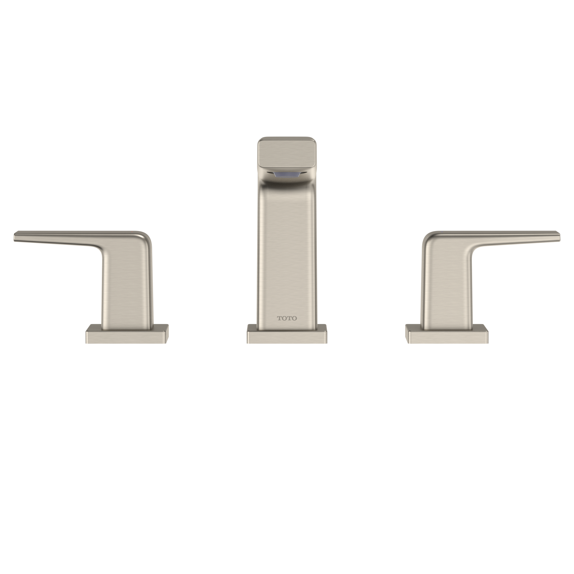 Brushed nickel two-handle widespread bathroom sink faucet with rectangular handles and tall center spout.