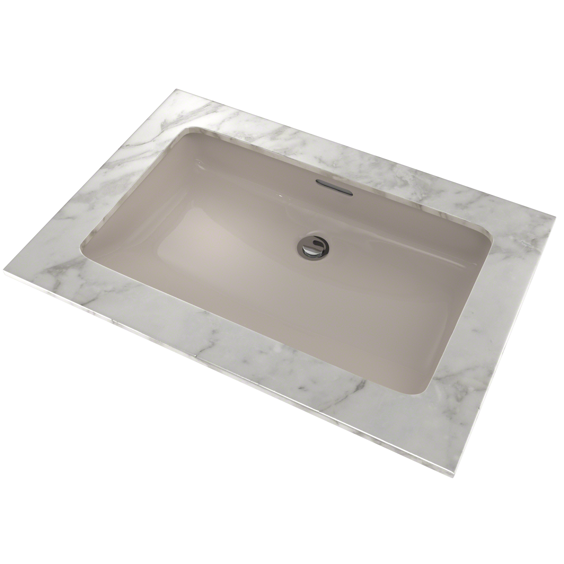 Bone-colored rectangular undermount sink set into white marble countertop with single drain hole.