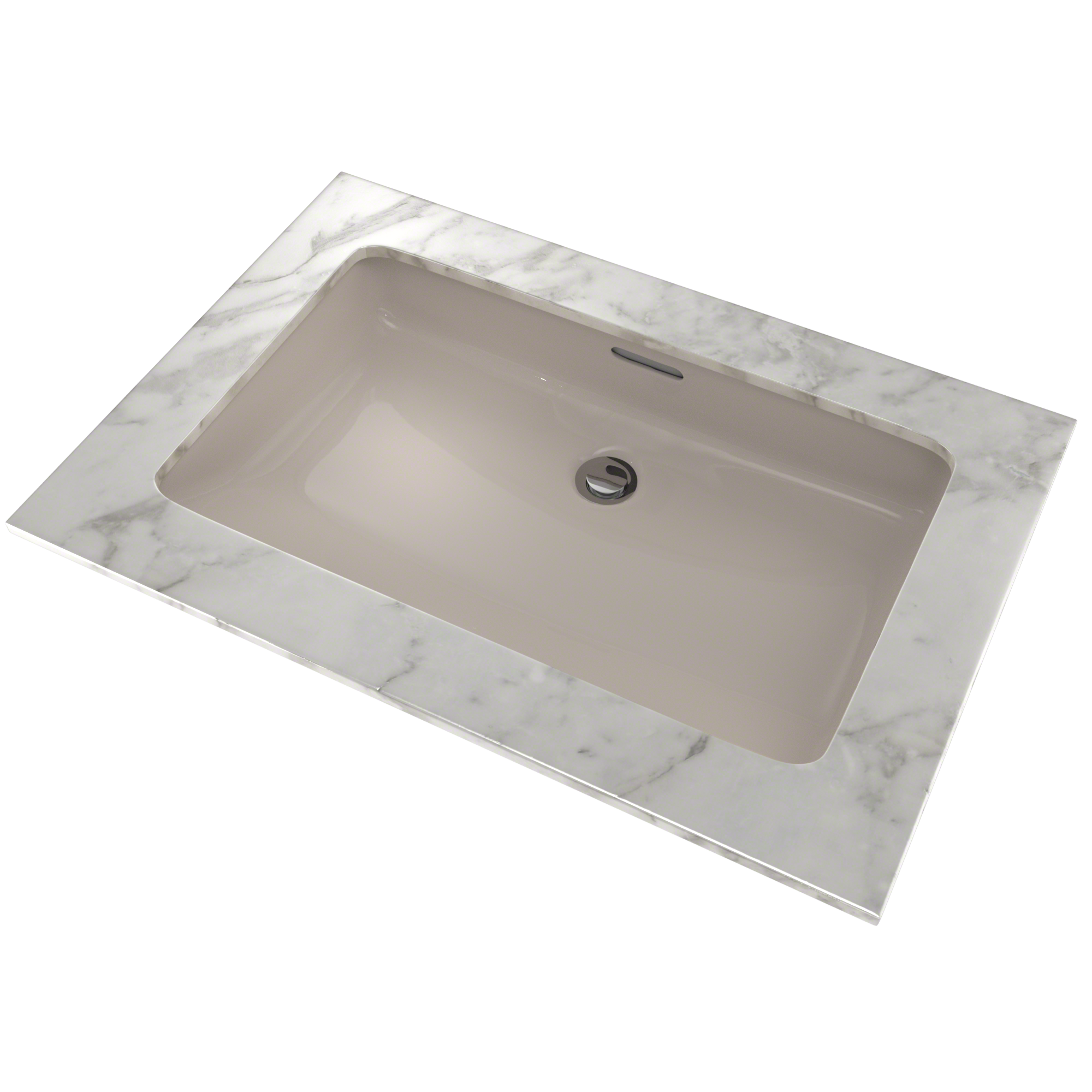 Bone-colored rectangular undermount sink set into white marble countertop with single drain hole.